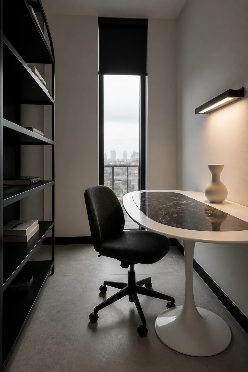 A narrow modern office with a tall window, black roller shade, white oval desk with dark marble top, black office chair, and tall black bookshelf on the left wall.