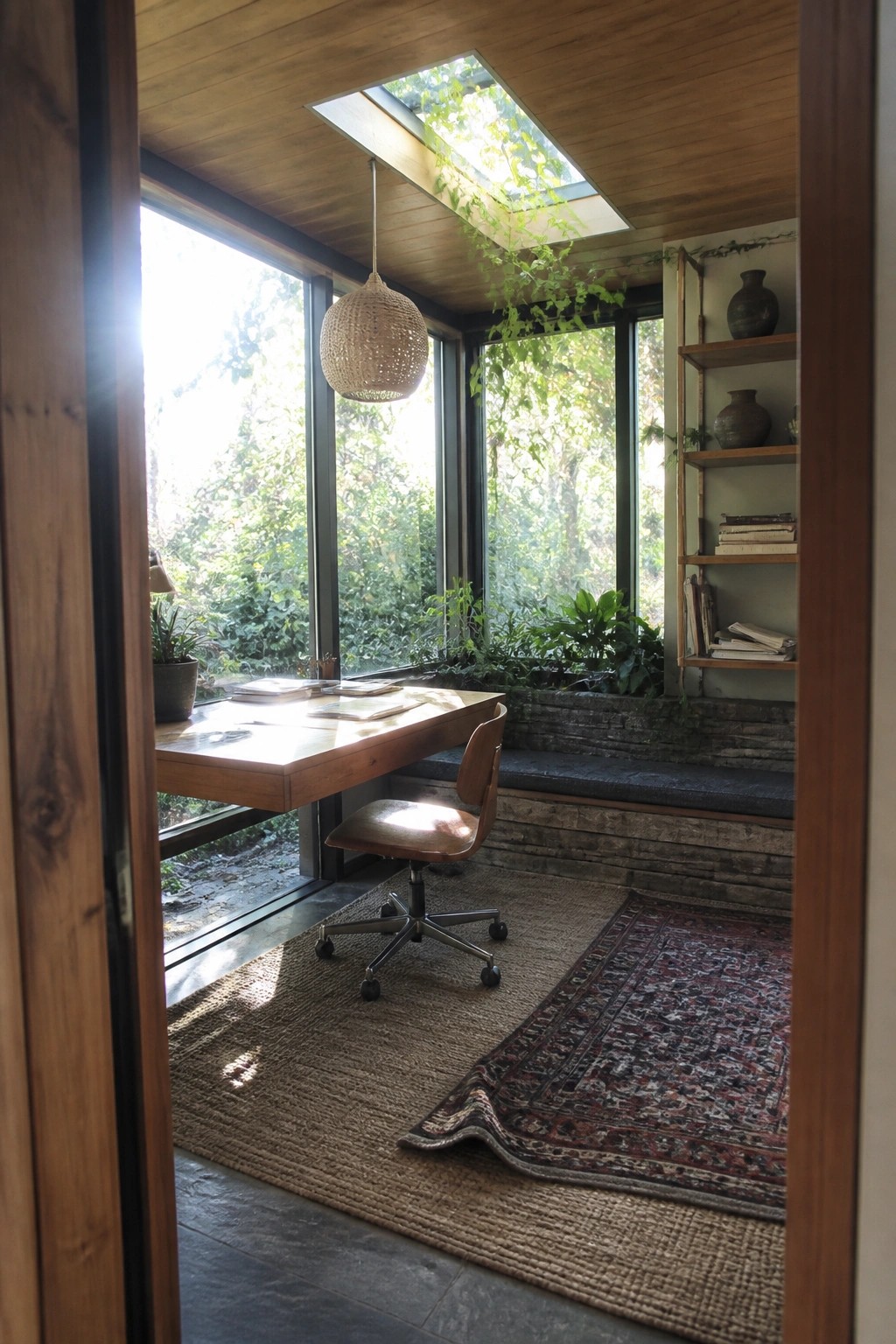 A wooden desk and office chair sit beneath large windows and a skylight in a room with built-in shelves, a woven rug, and potted plants along the windows.