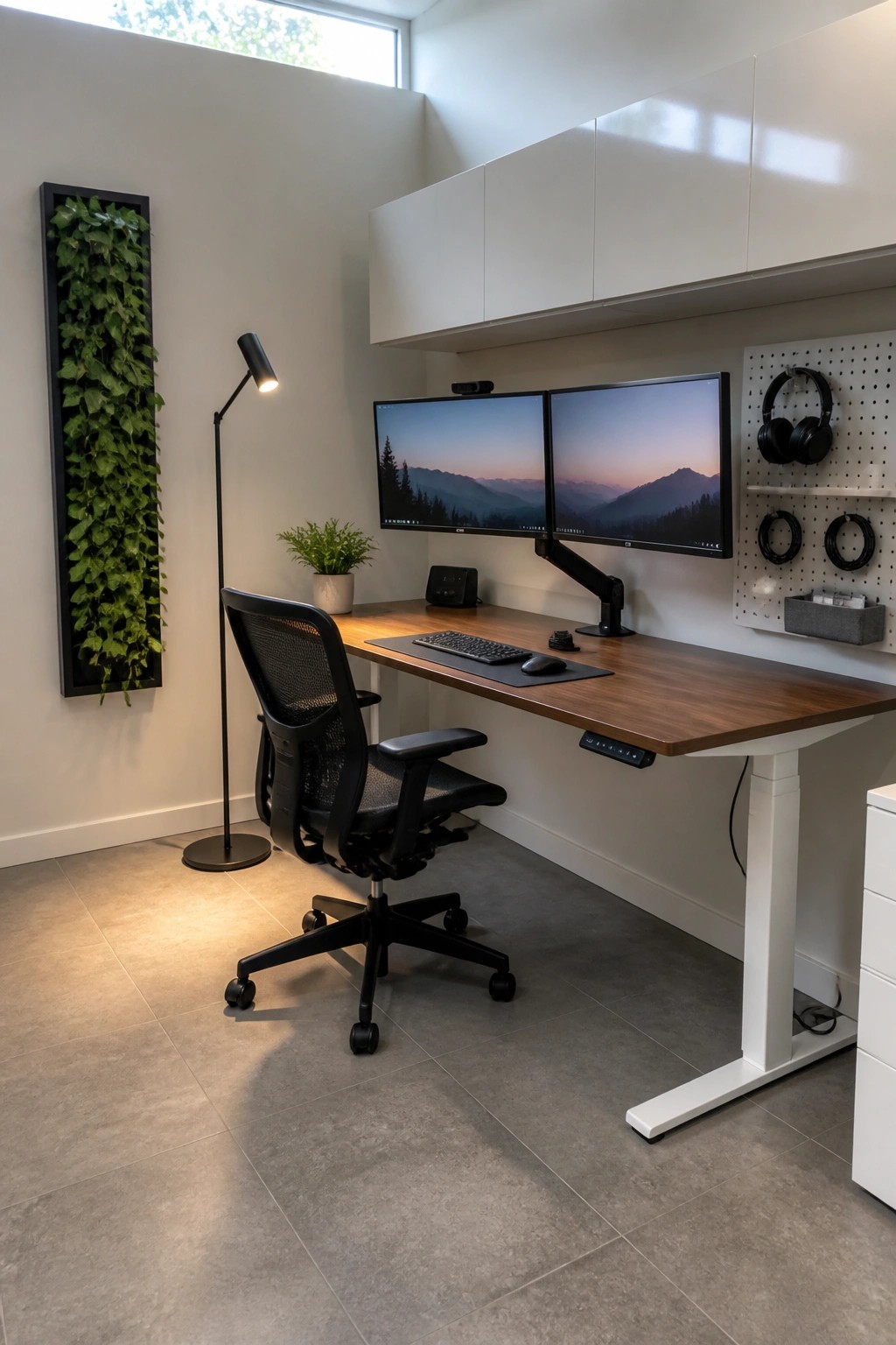 Modern home office featuring a wooden standing desk with dual monitors on an arm, a black ergonomic chair, and a white pegboard mounted on the wall holding headphones and coiled cables.