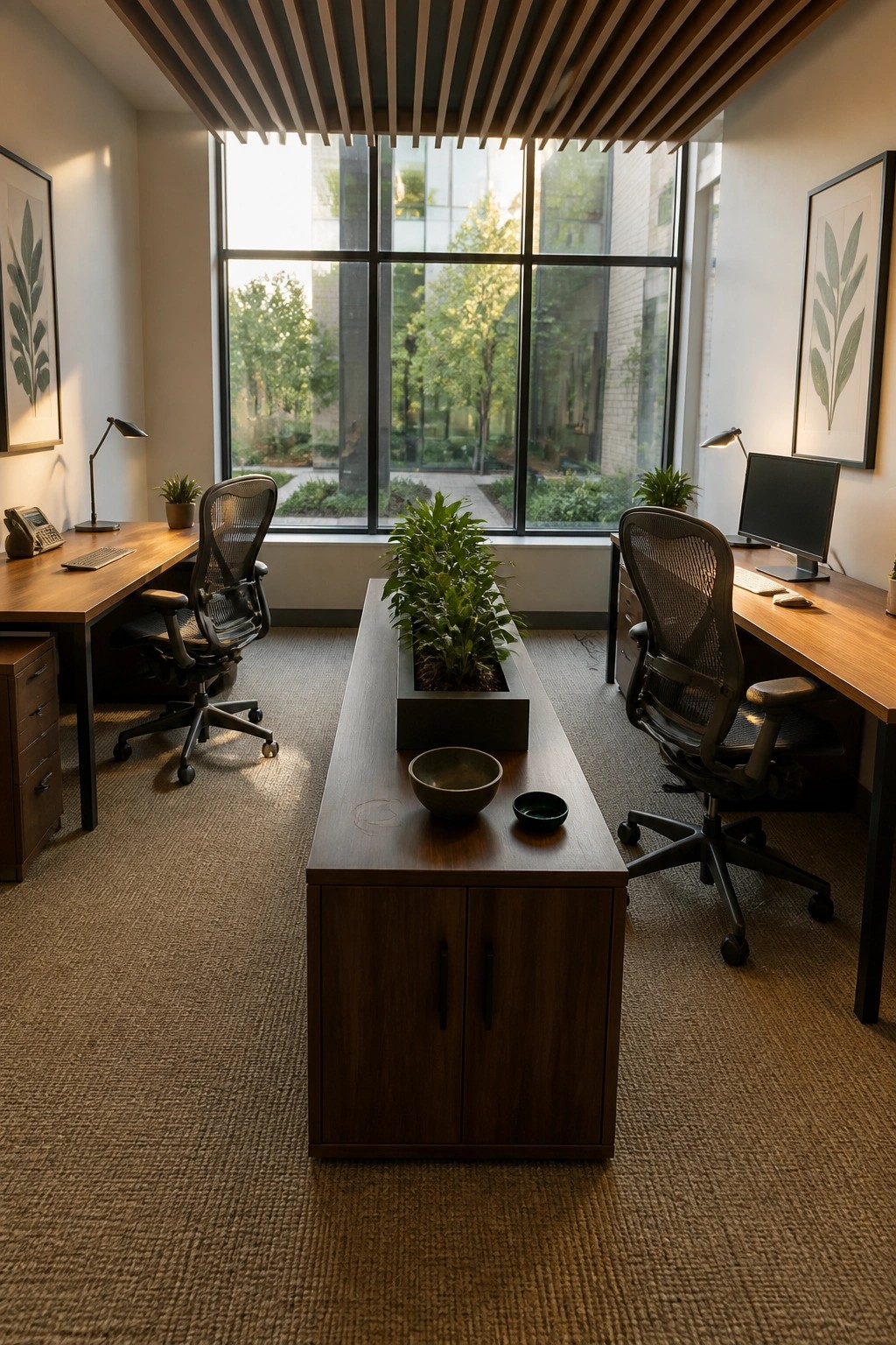 A modern office interior shows two wooden desks facing each other across a central rectangular planter filled with green plants, with black mesh office chairs on a woven carpet.