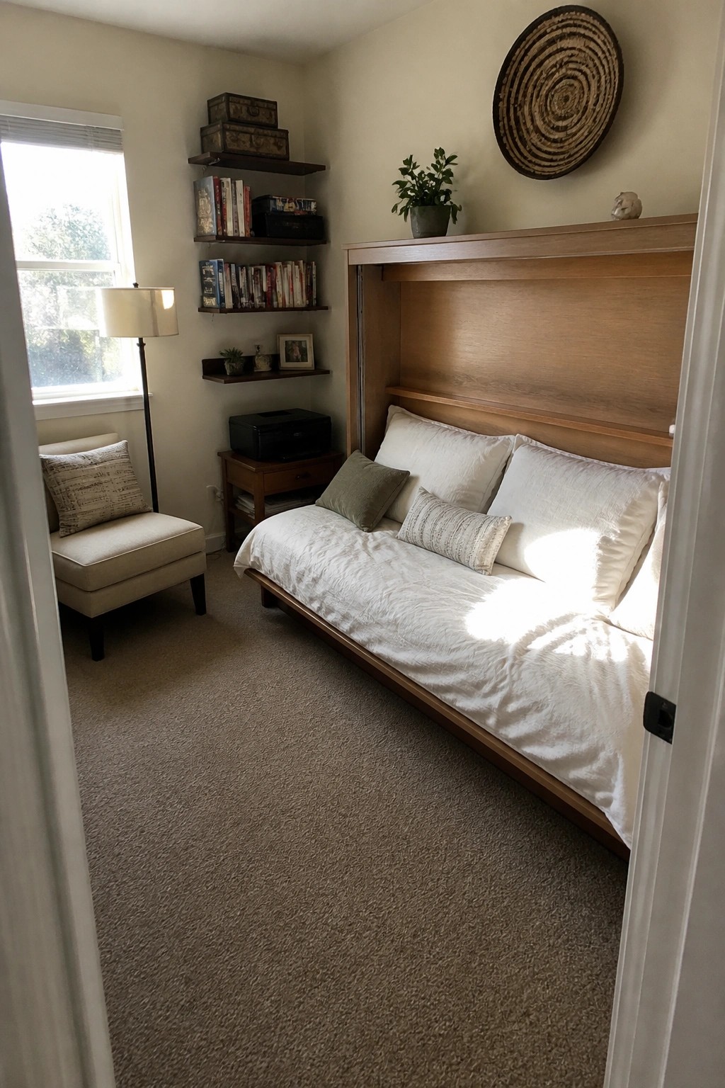 A bedroom interior with a wooden Murphy bed lowered, white bedding, wall-mounted shelves holding books and boxes, a floor lamp, and an upholstered chair near a window.