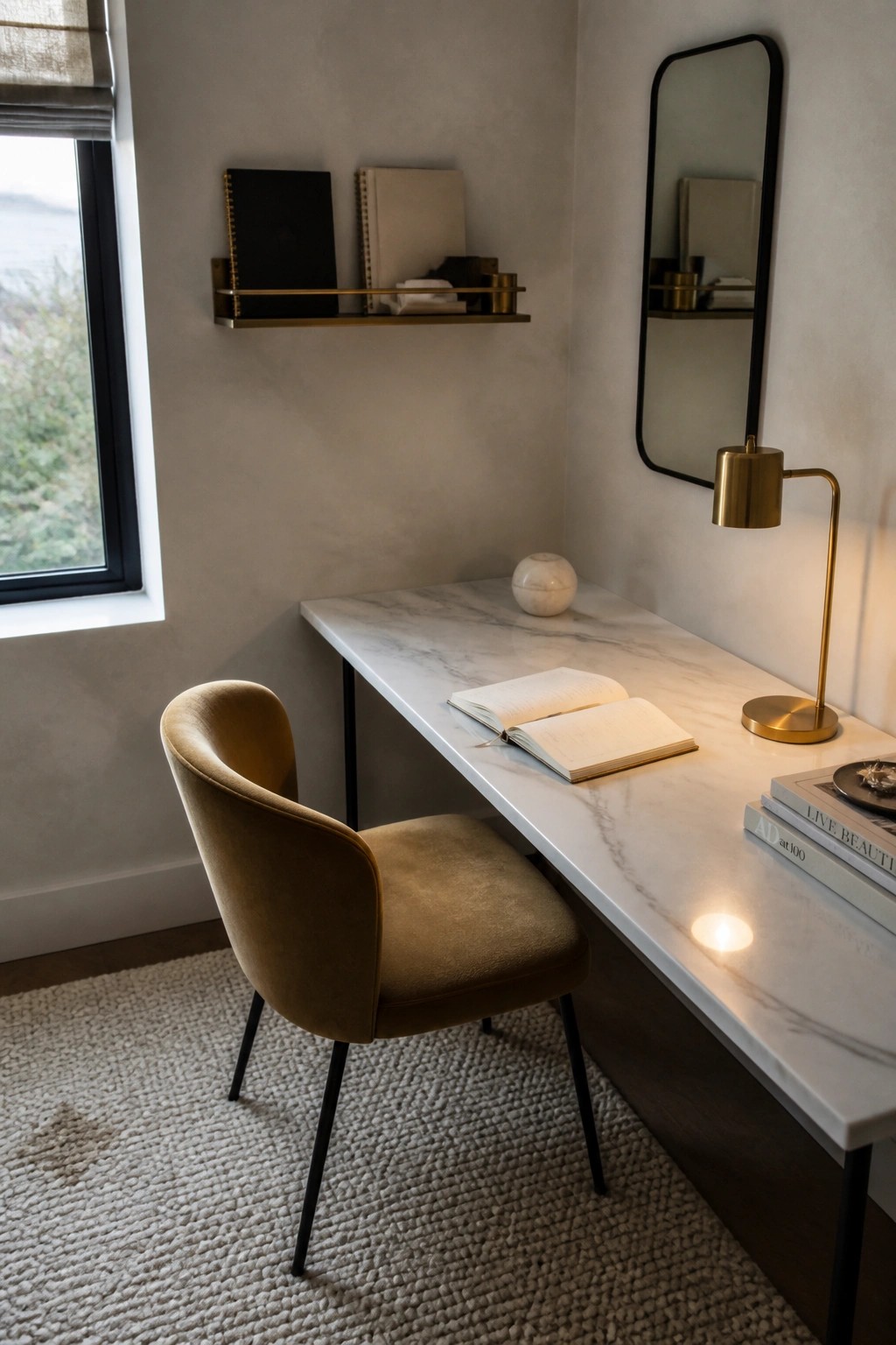 A corner home office with a white marble desk, mustard velvet chair, floating brass shelf holding notebooks, and a tall mirror on the adjacent wall.
