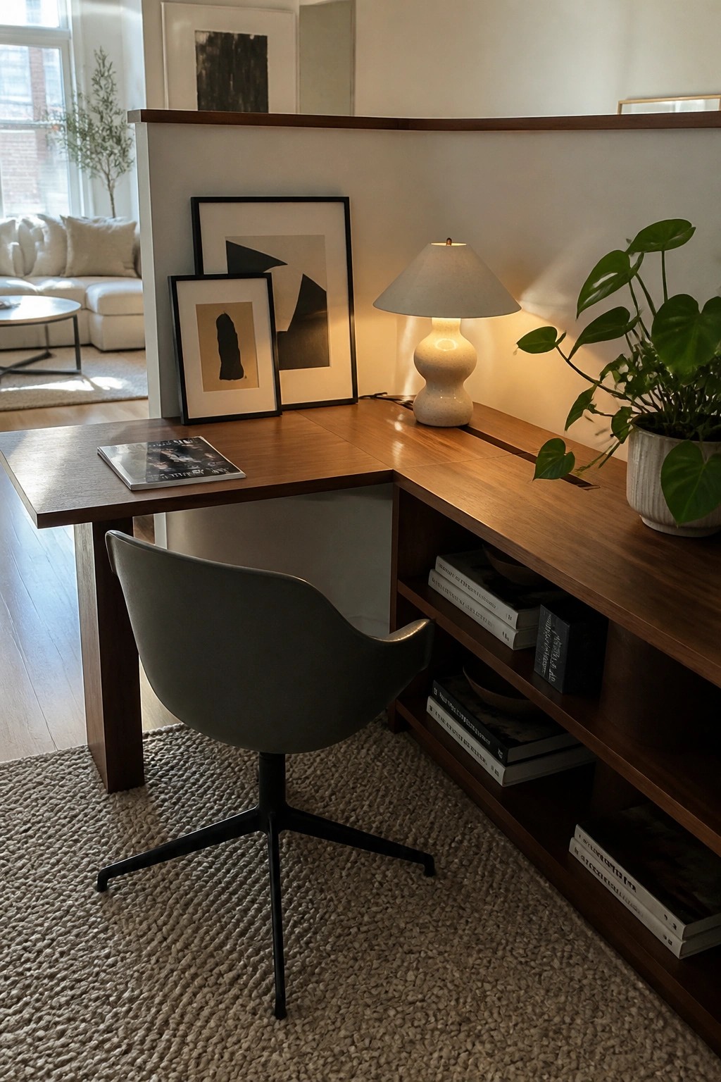 A corner home office with an L-shaped wooden desk, open lower shelves holding books, a gray swivel chair, a lit ceramic table lamp, and framed prints leaning against a partial wall.