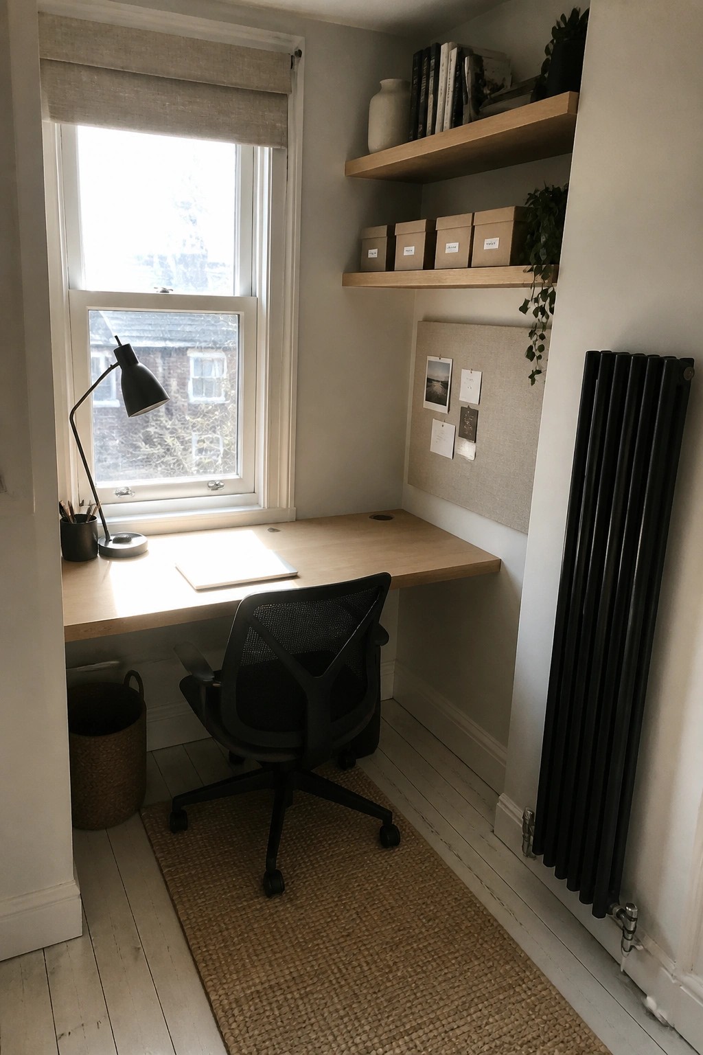 Small study nook with wooden desk, black chair, shelves, and radiator