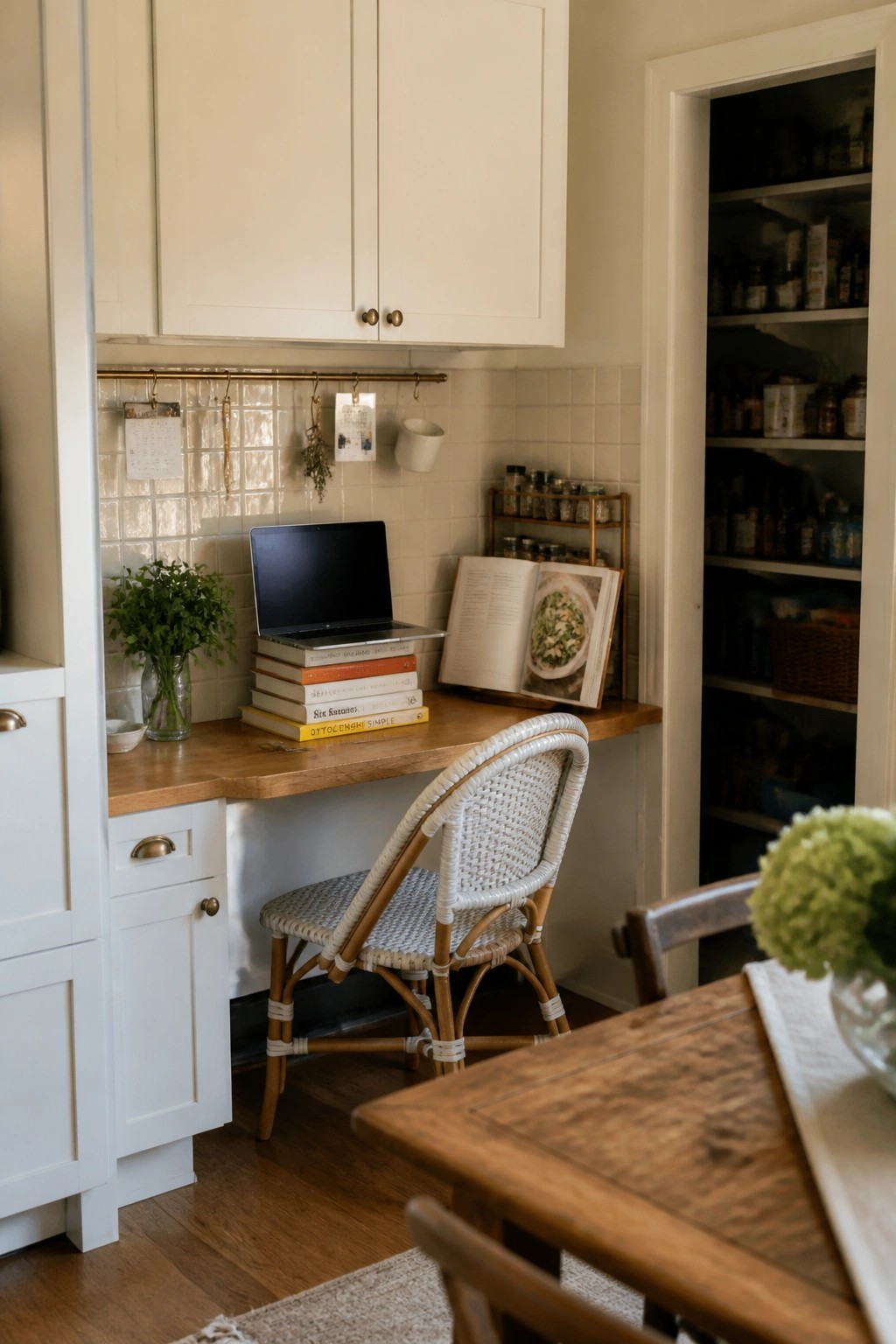 A small wooden counter desk is installed under white kitchen cabinets, with a laptop on stacked books, an open cookbook, and a woven chair in front.