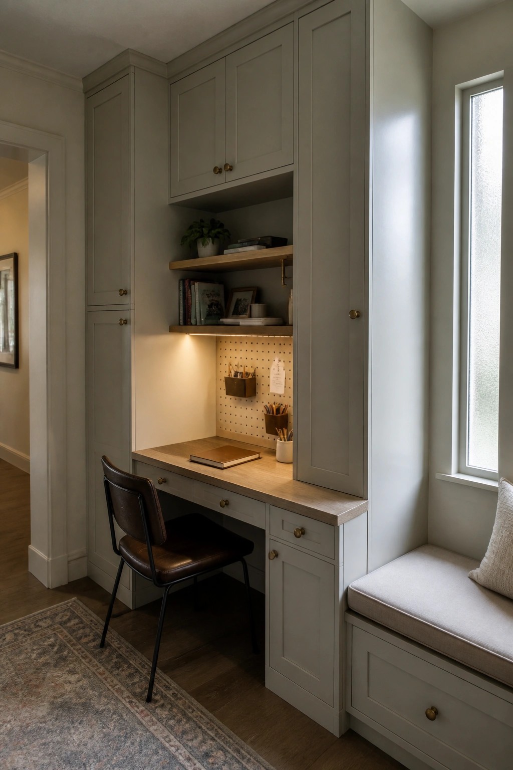 A built-in corner office features a light wood desk, gray cabinets, a pegboard with small containers, and a cushioned window seat.