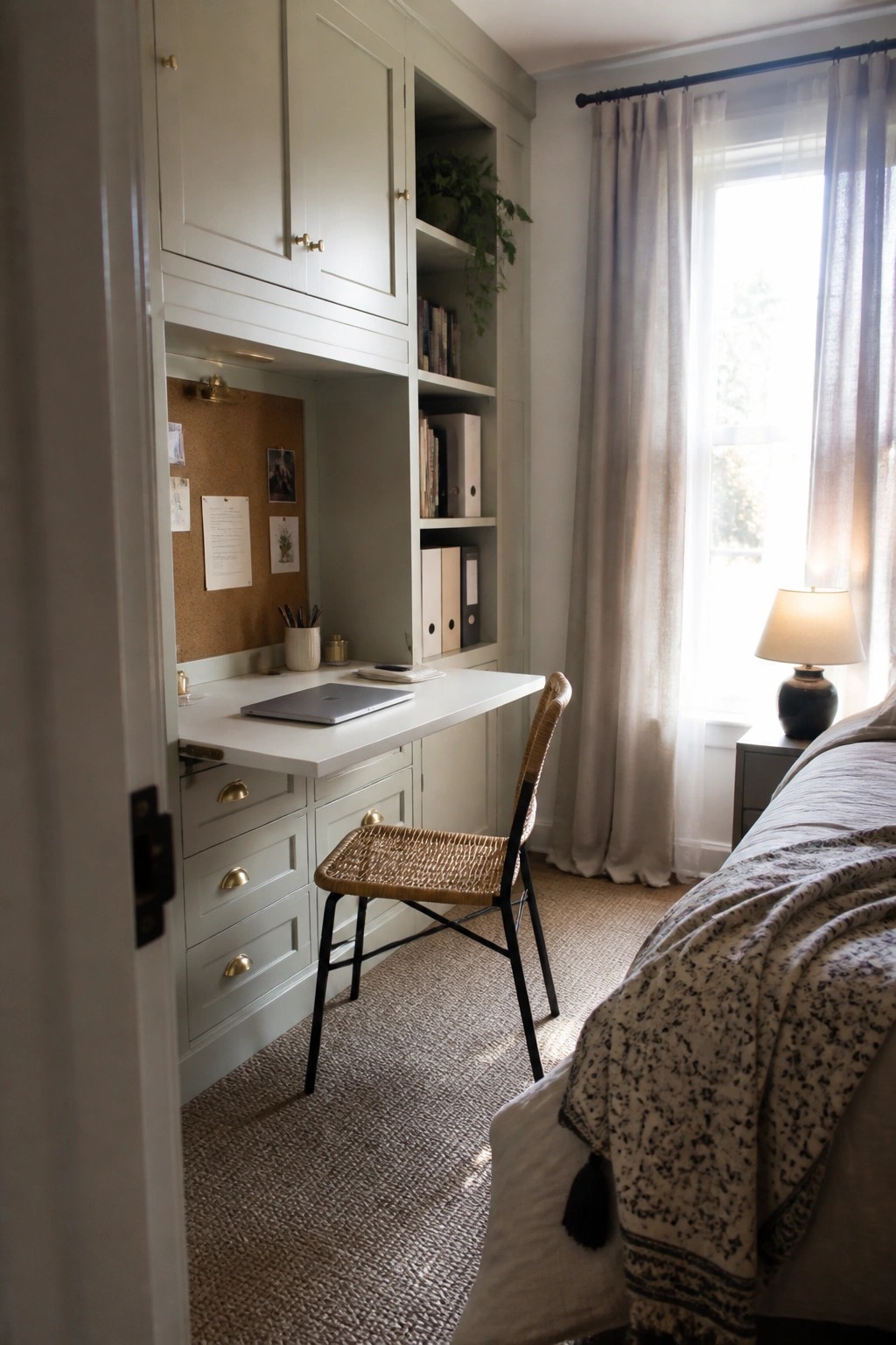 A corner workspace with sage green built-in cabinets, a white pull-out desk holding a laptop, a woven chair on a woven rug, and a window with sheer curtains.