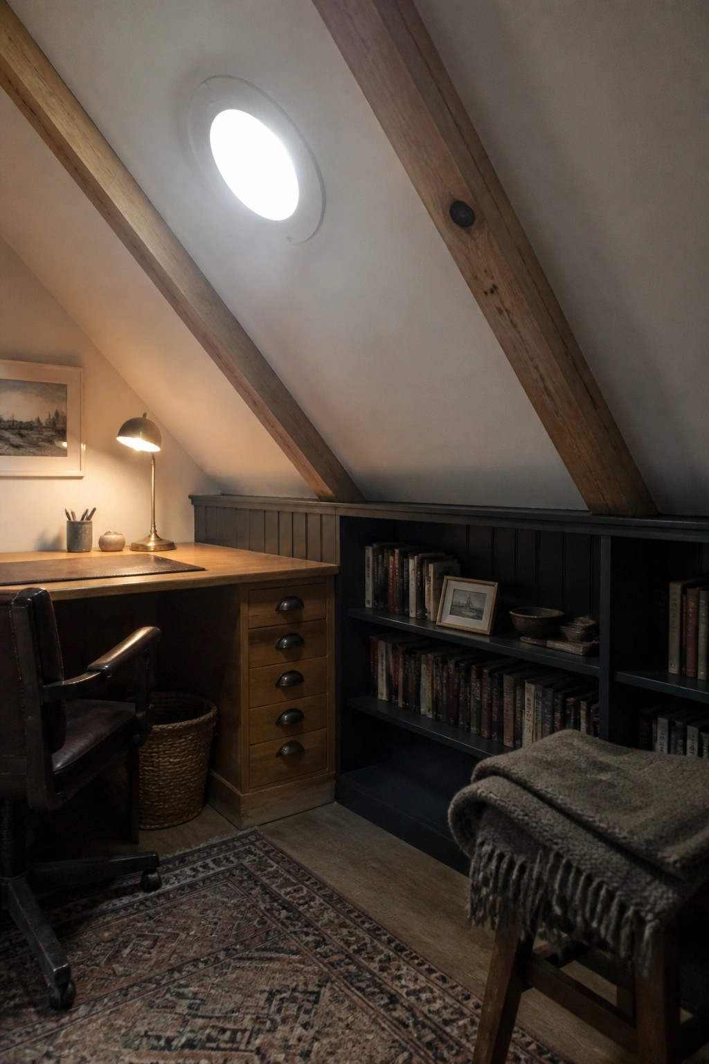 A wooden desk with a leather office chair is positioned under a sloped attic ceiling beside dark built-in bookshelves filled with books, with a round window above and a patterned rug on the floor.