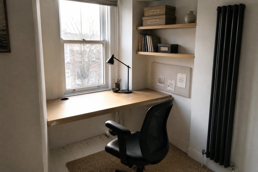 Small study nook with wooden desk, black chair, shelves, and radiator
