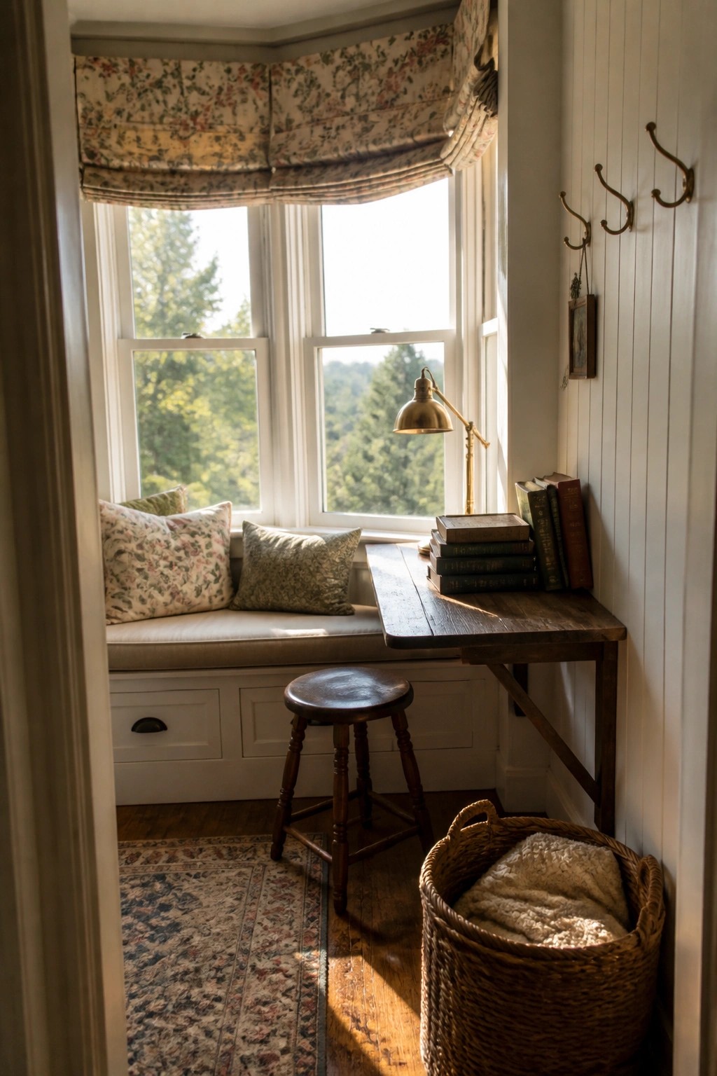 A wooden desk sits beside a cushioned window seat with pillows in a bright corner nook framed by multiple windows.