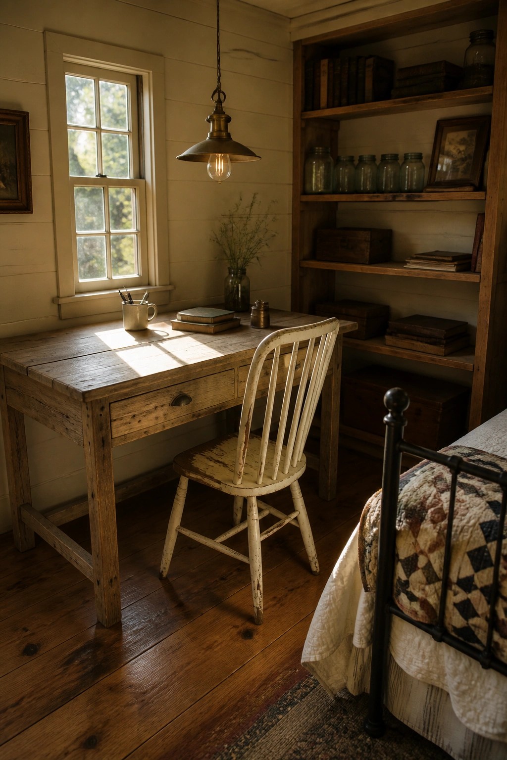A rustic wooden desk with a white spindle chair sits under a window next to tall wooden shelves filled with books, jars, and boxes in a room with wood floors.