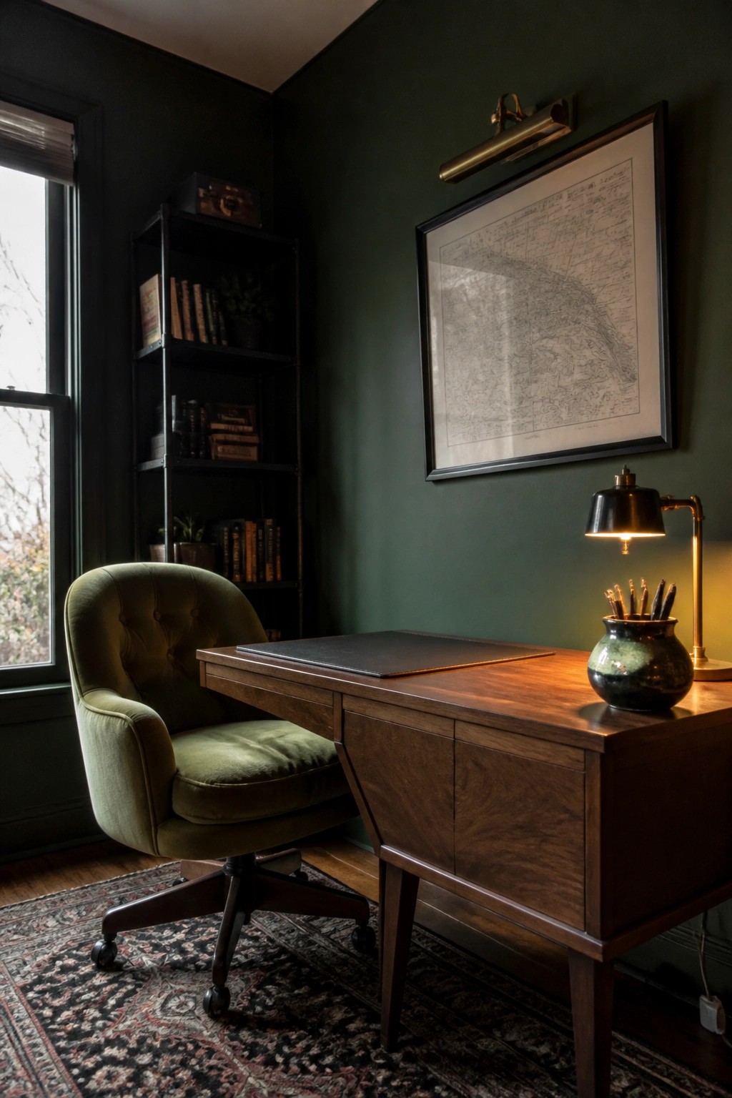 A wooden desk and green upholstered office chair sit in the corner of a dark green room beside a tall black bookshelf filled with books.