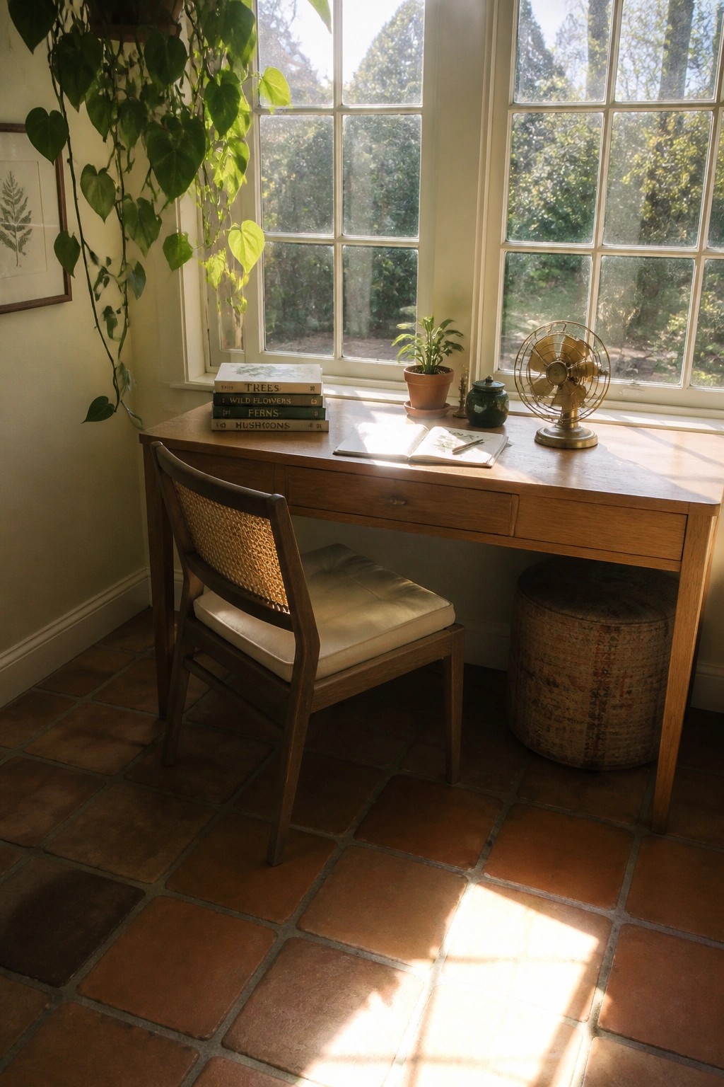 A wooden desk and woven chair are positioned in front of a large multi-pane window, with a stack of books on the sill and a small potted plant beside them.