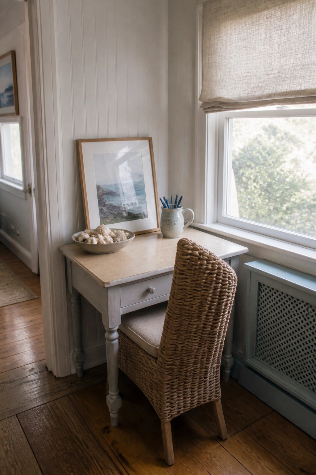 A small wooden desk with a woven chair placed in a corner next to a window, holding a bowl of shells, a framed picture, and a mug with pens.