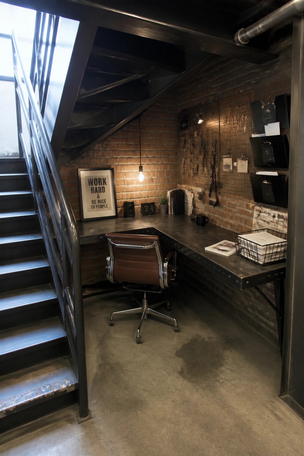 An L-shaped desk with a brown office chair sits under a staircase against a brick wall in a compact home office setup.