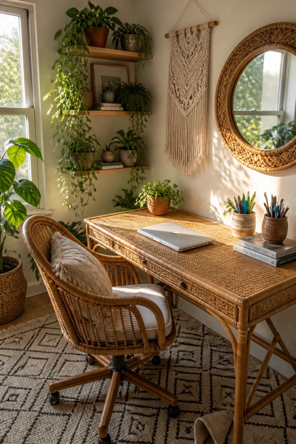 A corner home office featuring a rattan desk with a laptop, a wicker swivel chair, floating shelves filled with plants, and a round woven mirror on the wall.