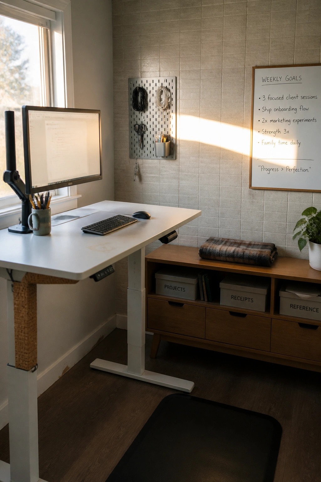 White standing desk with monitor, keyboard, pegboard, goals whiteboard, and wooden storage cabinet in sunlight.