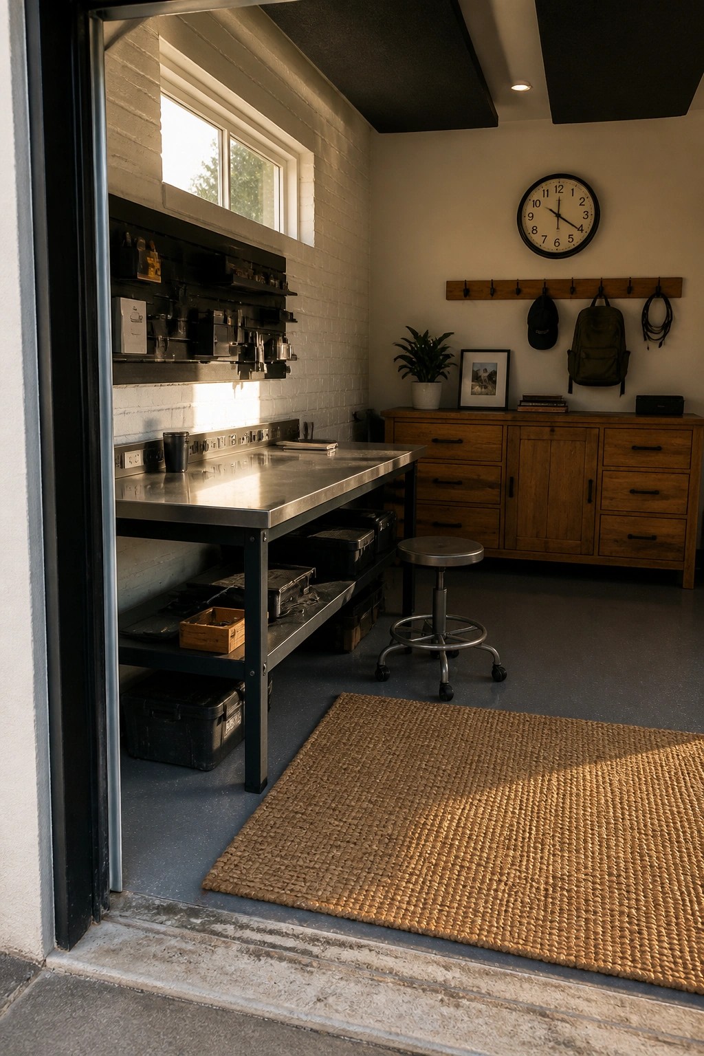 A workshop interior with a stainless steel workbench, lower storage shelves holding bins, a metal stool, wooden cabinet, wall clock, and woven rug on the floor.