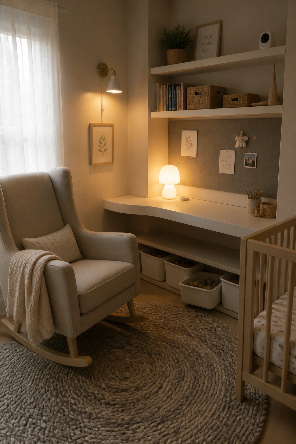 A room with a built-in white desk, floating shelves above holding books and baskets, a rocking chair on a round woven rug, and a wooden crib visible on the right.
