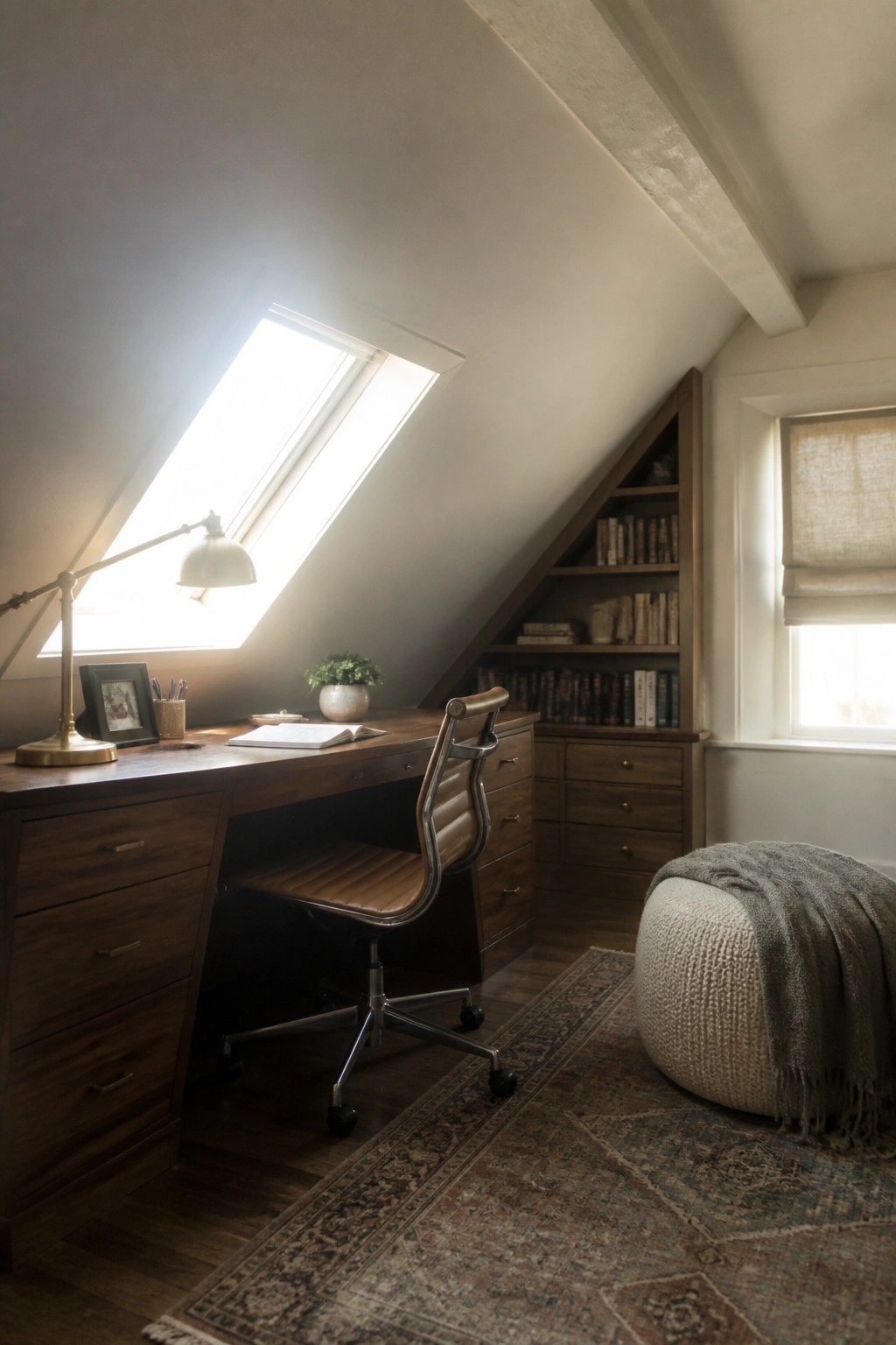 Attic study with wooden desk, leather chair, skylight, bookshelves, and woven ottoman
