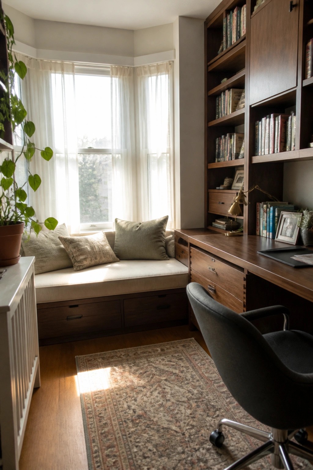 A home office featuring a built-in wooden desk with multiple drawers, overhead bookshelves filled with books, and a cushioned window seat with storage below.