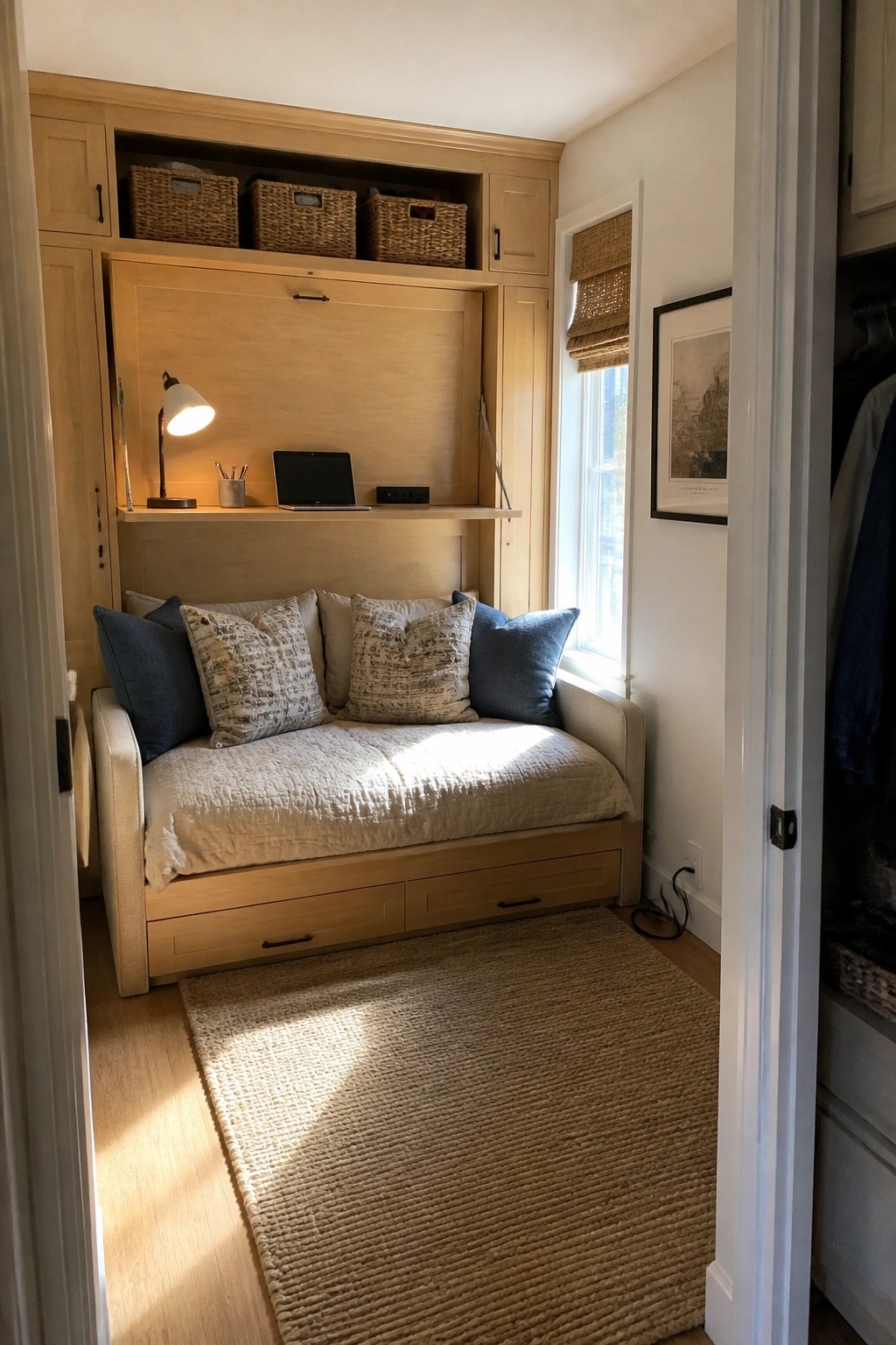 A compact room features a daybed beneath a large wooden cabinet that opens to show a workspace shelf holding a laptop and lamp, with storage baskets above and drawers below the bed.