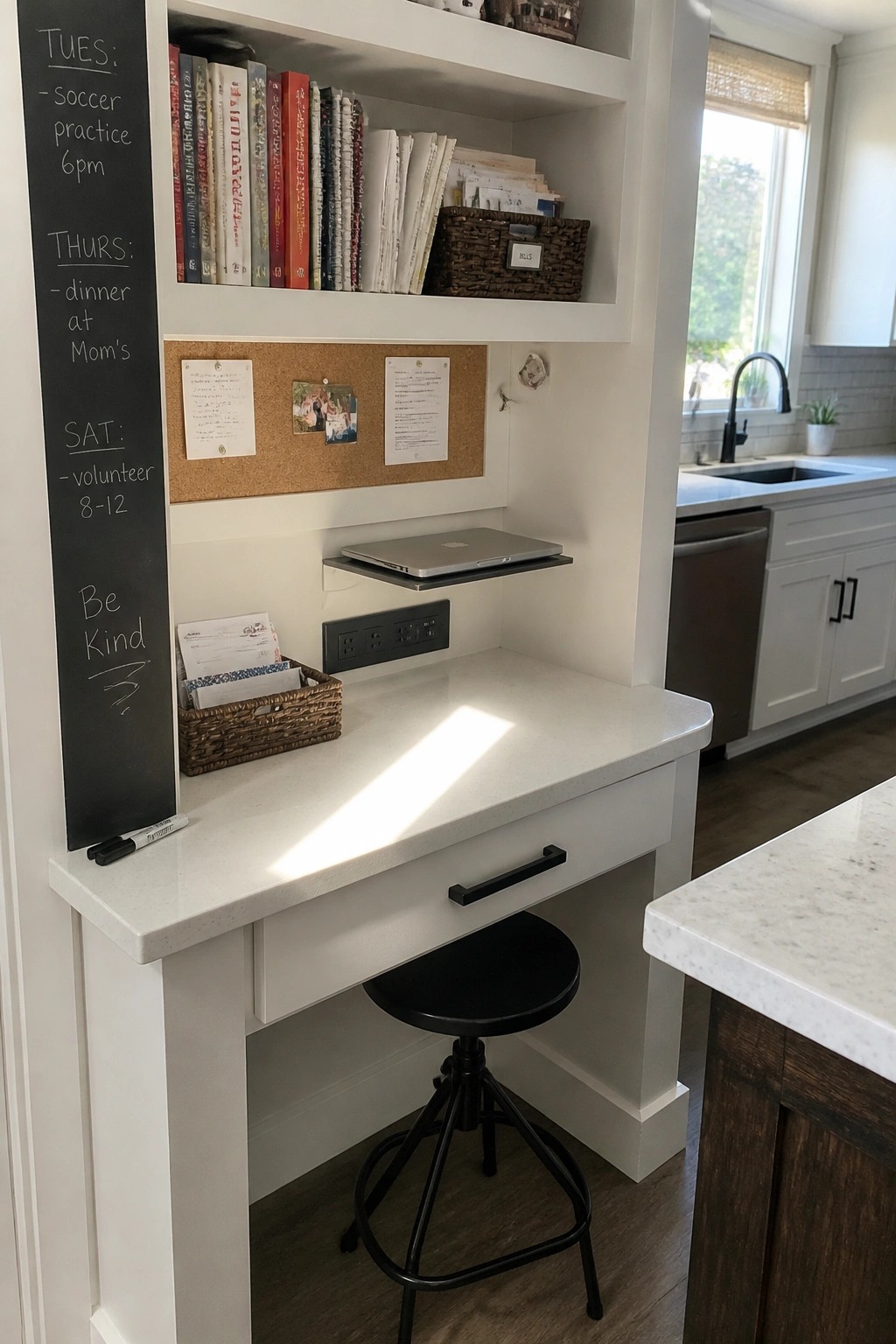A white built-in desk area with a black stool, upper shelves holding books and a woven basket, a corkboard with papers, and a chalkboard panel on the left wall.