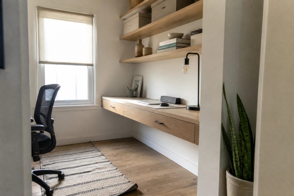 A compact home office features a light wood floating desk with two drawers, black shelving above holding books and vases, a black office chair, and a window with a rolled shade.