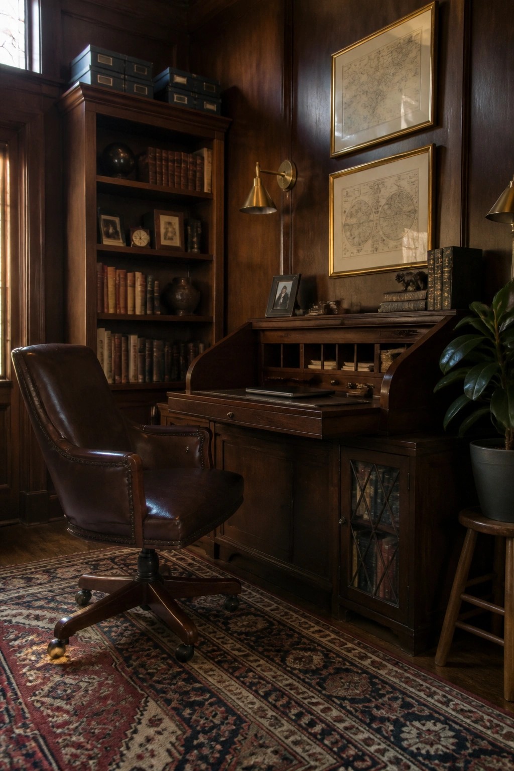 A dark wood home office with a roll-top desk, brown leather swivel chair on a patterned rug, and built-in bookshelves filled with books and small objects.