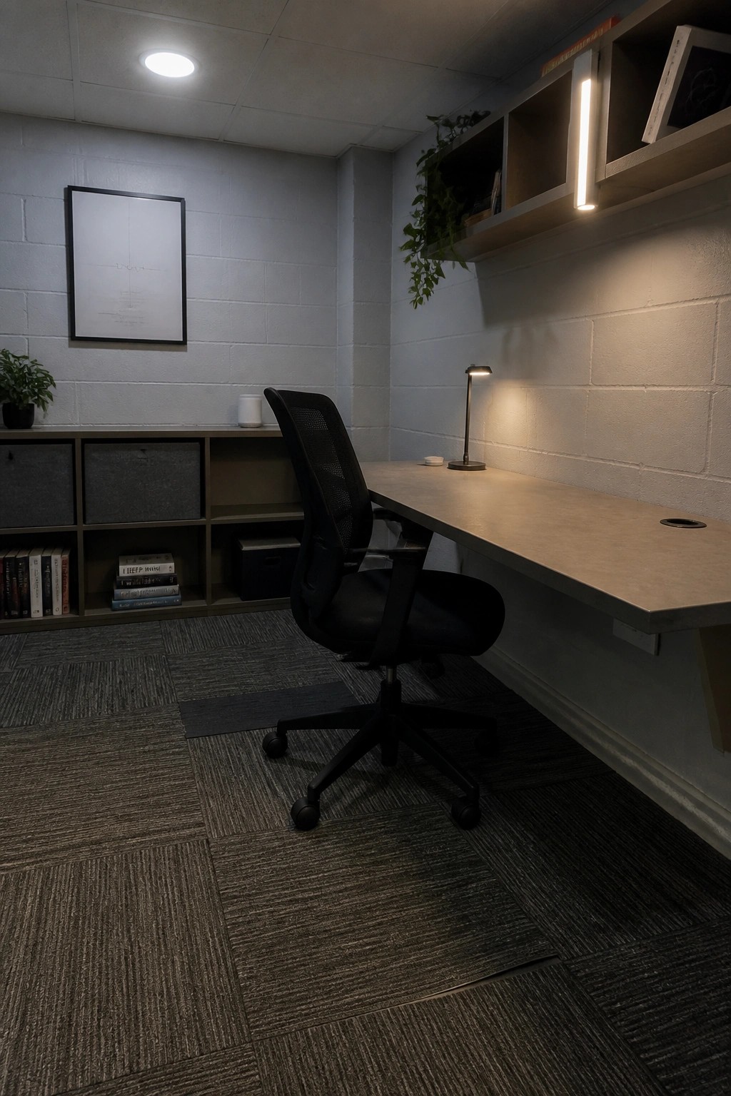 A home office featuring a long desk against a white brick wall, a black mesh office chair, overhead wooden shelves with integrated lighting, and storage cubbies filled with books and bins on the left side.