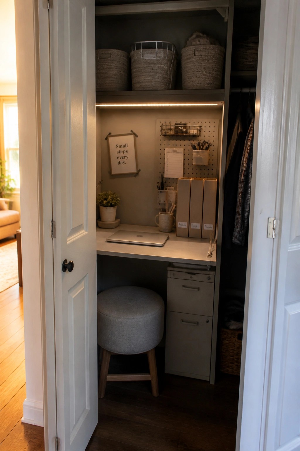 A small built-in desk inside an open closet with a laptop, gray stool, pegboard organizer, storage bins on the shelf above, and a filing cabinet below.