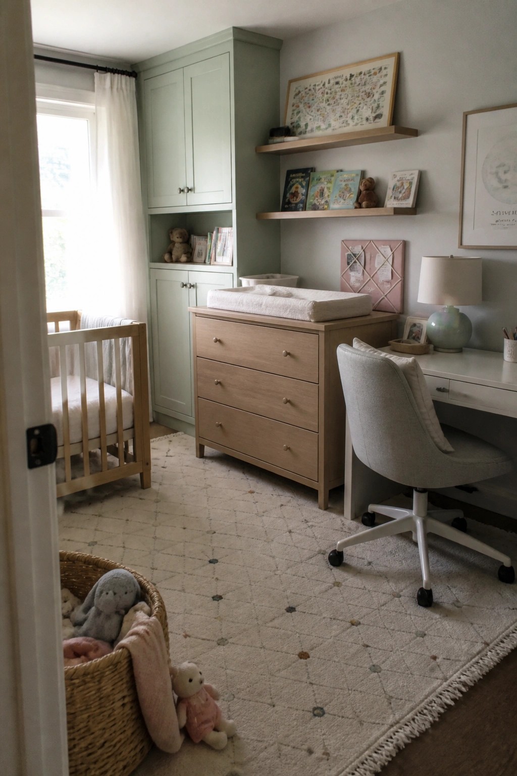 Cozy nursery with wooden crib, dresser, desk, patterned rug, and toys.