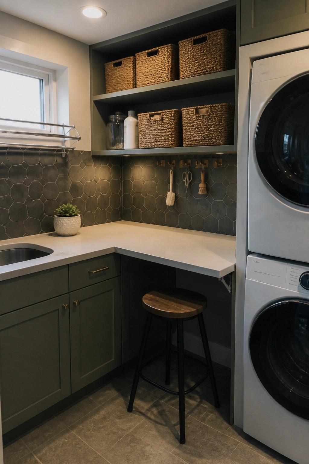 Modern laundry room with green cabinets, white counter, wooden stool, and stacked washer dryer.