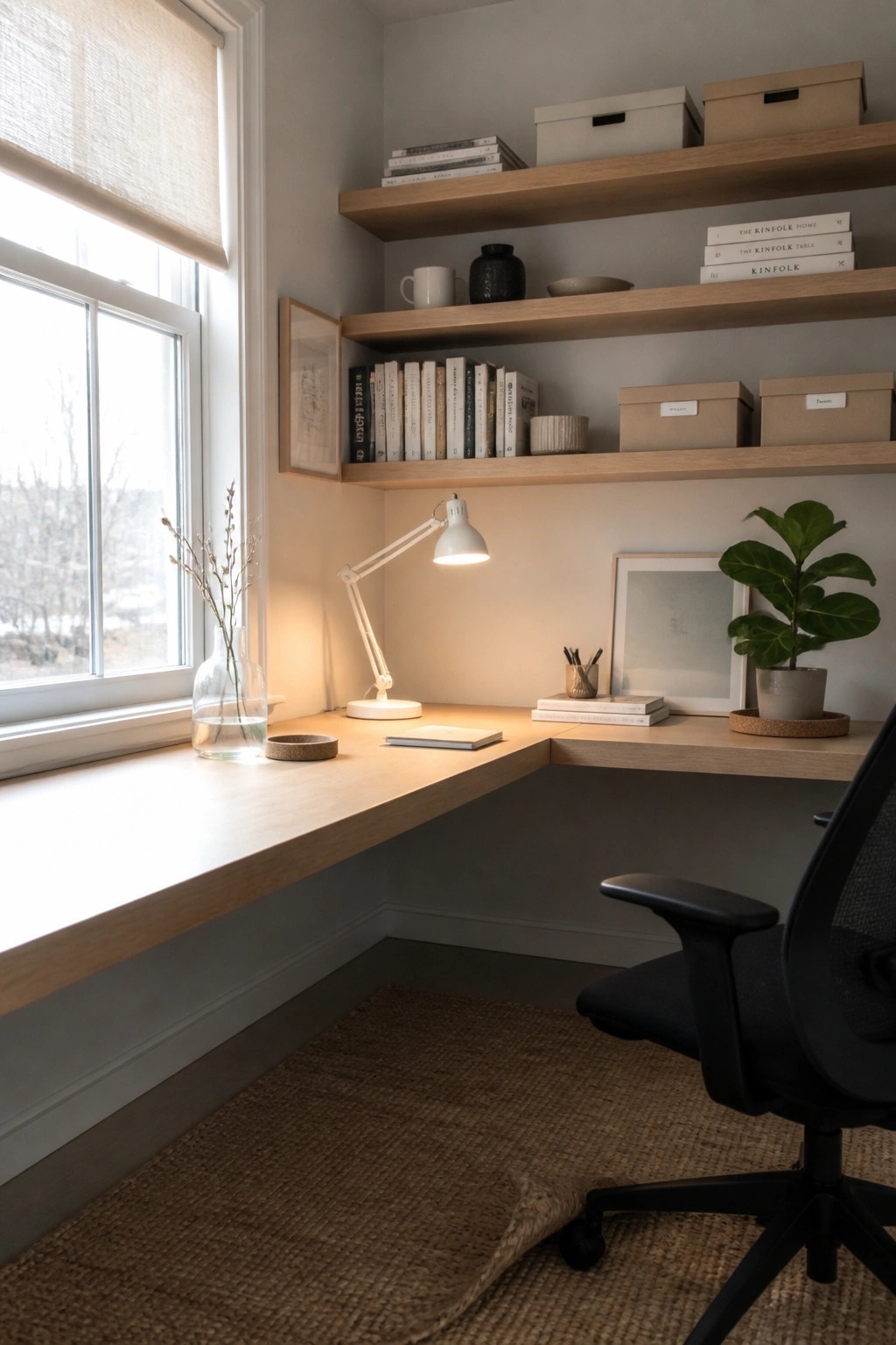 A home office corner featuring a wooden L-shaped desk under a window, with light wood floating shelves above holding books, boxes, and a few decorative items, plus a black office chair.