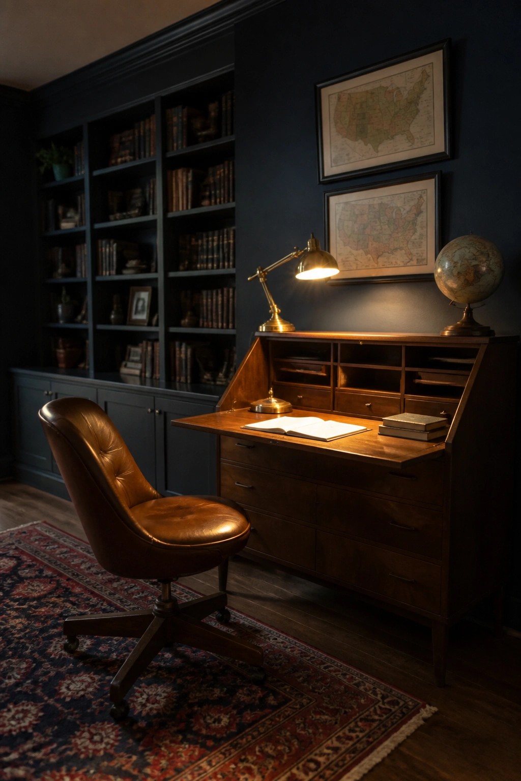 Leather swivel chair at wooden desk with brass lamp in dark study