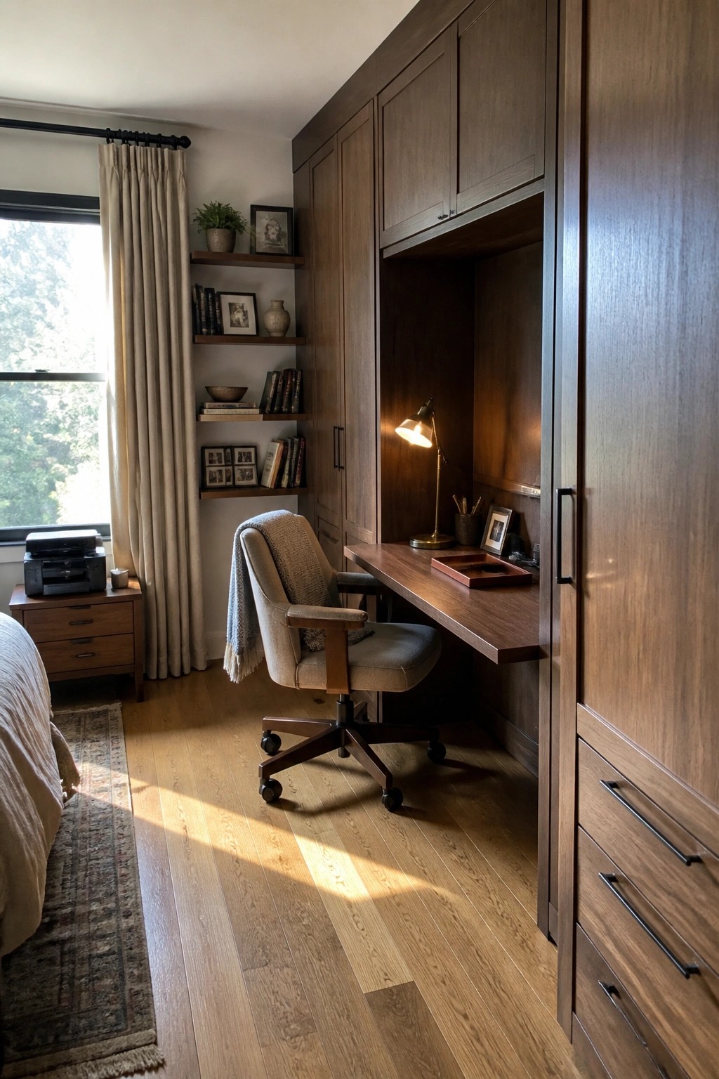 A built-in wooden desk and cabinet unit with shelves in a sunlit room featuring an office chair and desk lamp.