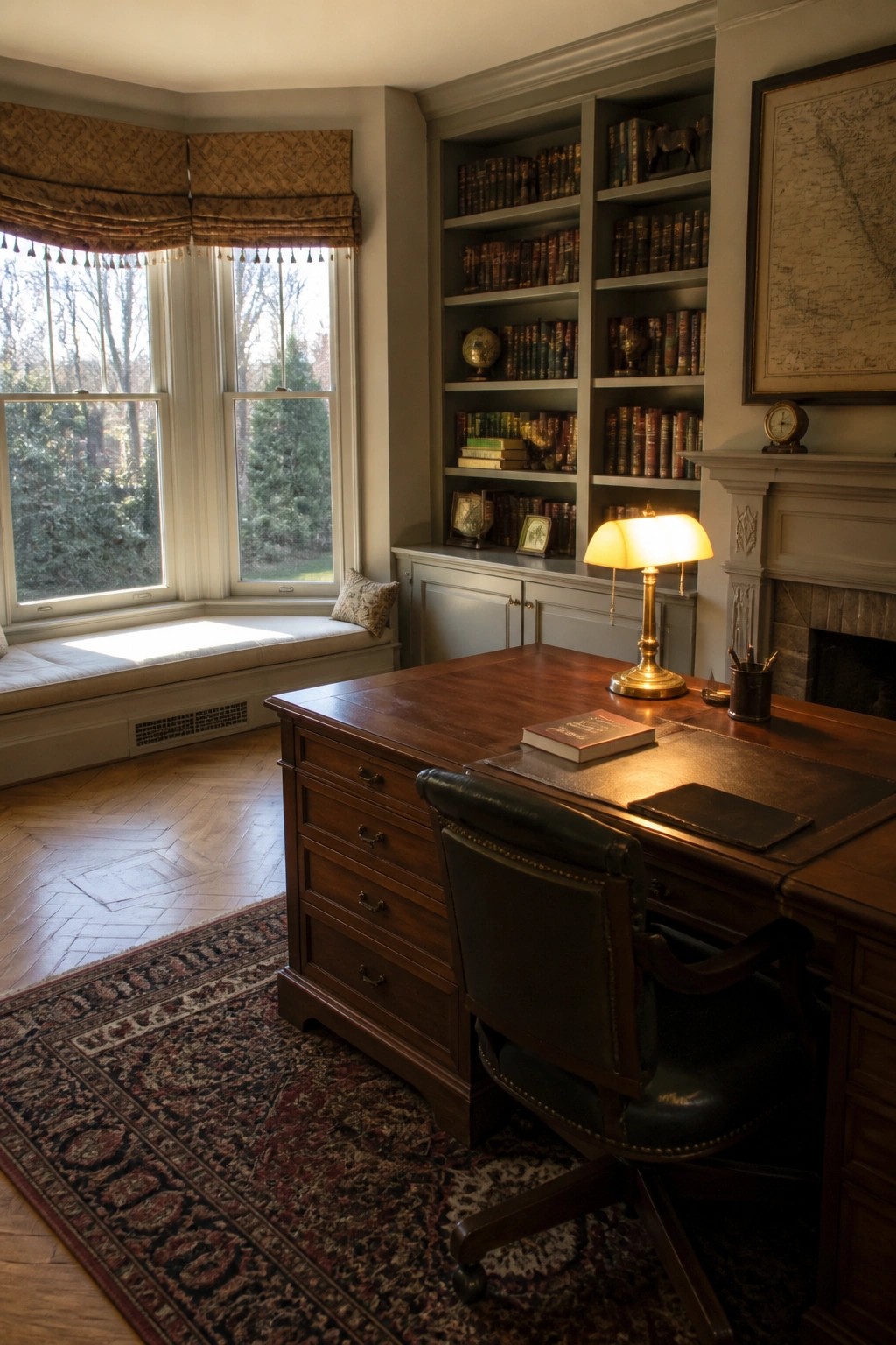 A wooden desk with a leather office chair faces built-in bookshelves filled with books beside a fireplace and a bay window with a cushioned seat.