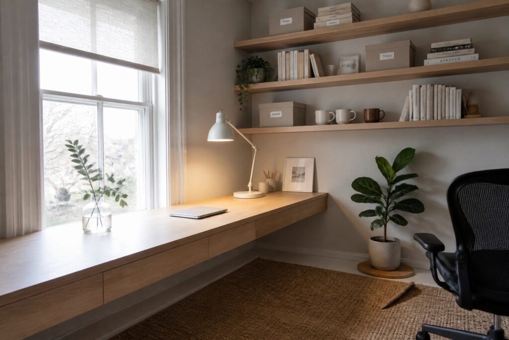 A home office corner featuring a wooden L-shaped desk under a window, with light wood floating shelves above holding books, boxes, and a few decorative items, plus a black office chair.