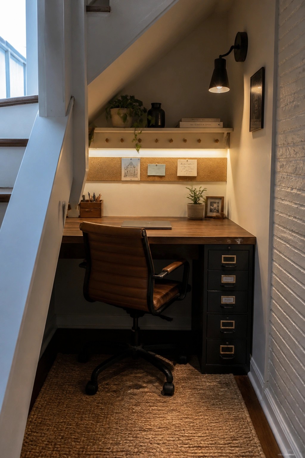 Cozy wooden desk with brown leather chair under staircase, black filing cabinet, corkboard, and plants.