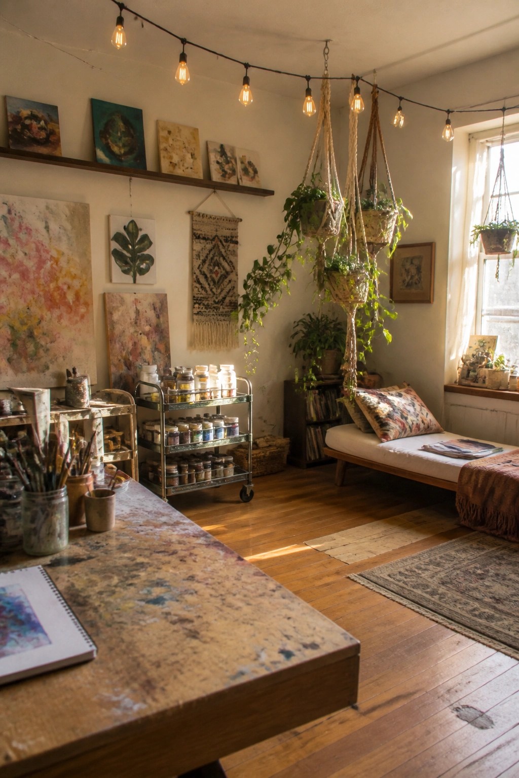 An art studio interior with a wooden work table in the foreground, a rolling metal cart holding paint jars, hanging plants from the ceiling, and a daybed positioned near a window.