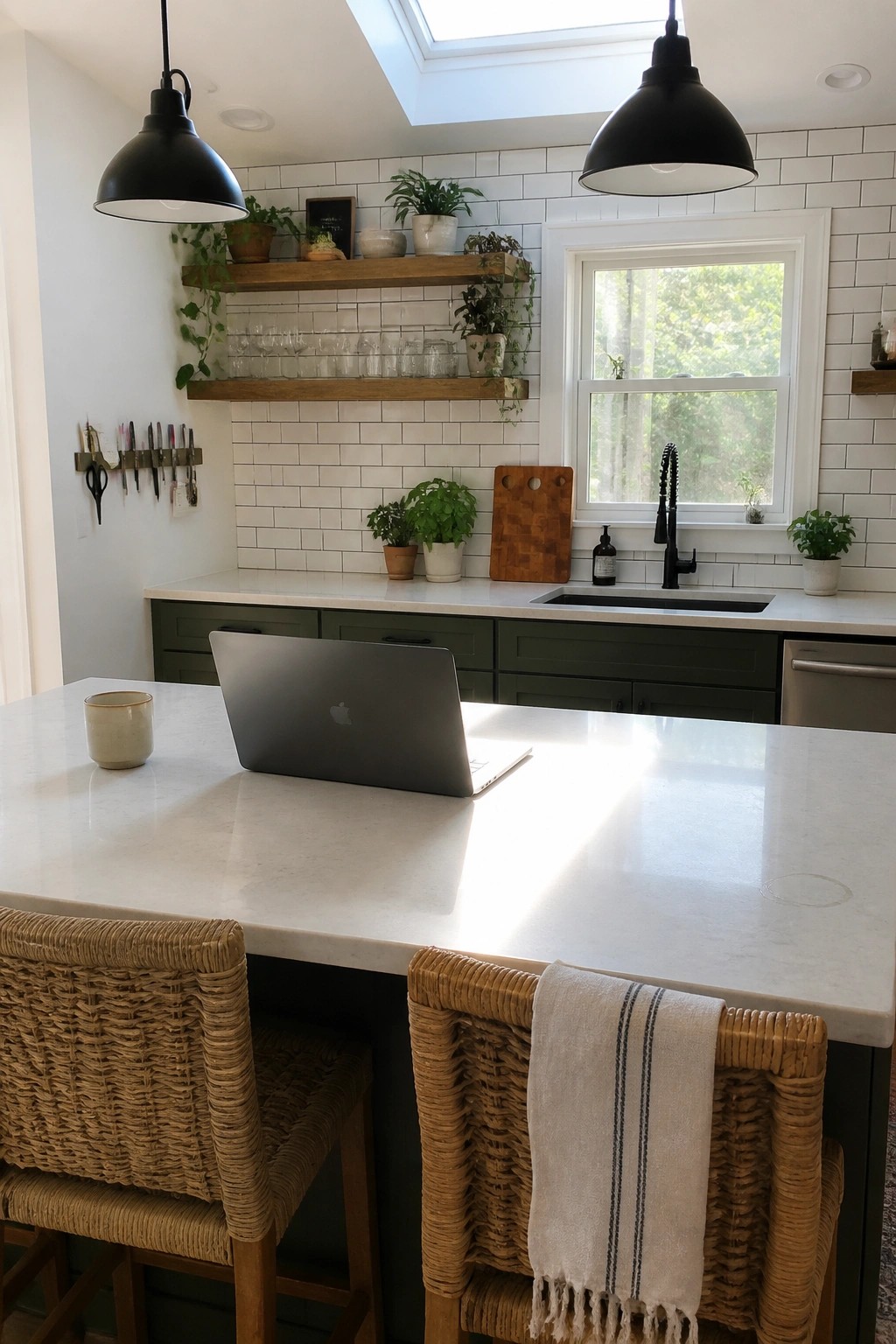 Modern kitchen with white marble island, open laptop, green cabinets, and woven stools.