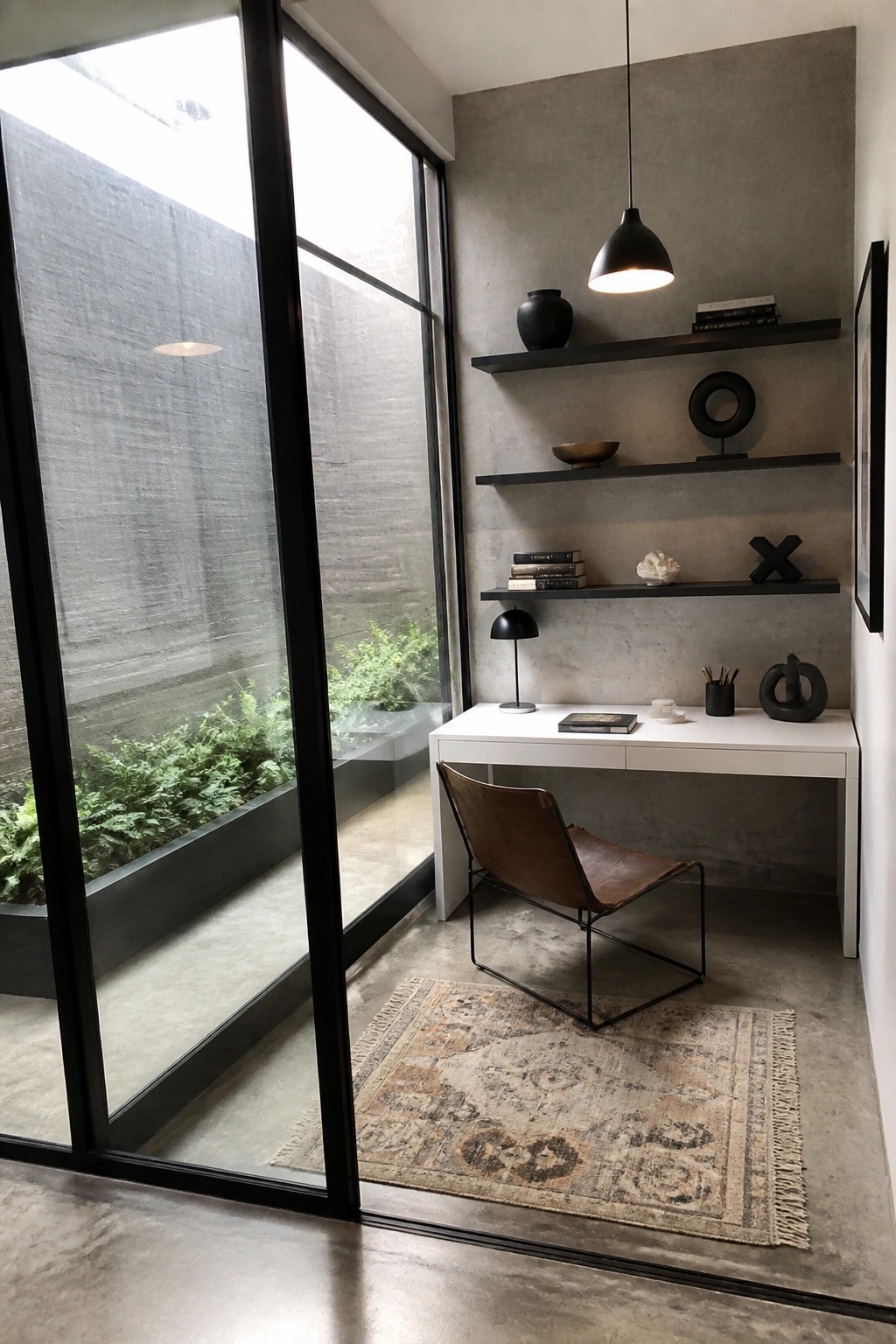 A compact home office with a white desk, brown leather chair on a rug, and black floating shelves holding books and objects on a gray wall beside large glass doors.