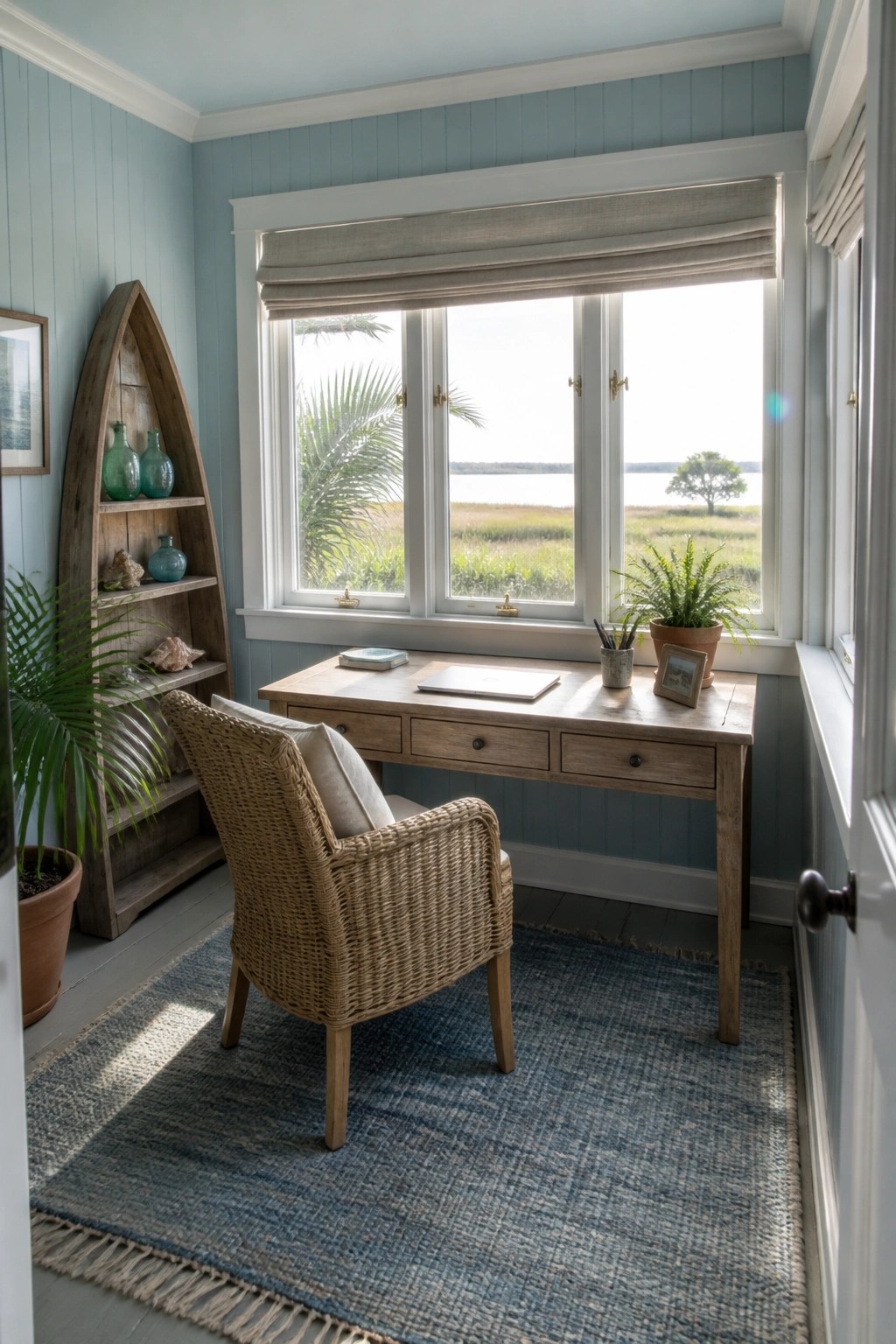 A wooden desk with drawers sits centered under a large window in a light blue room, paired with a woven chair on a blue rug and a tall wooden shelf unit to the left.