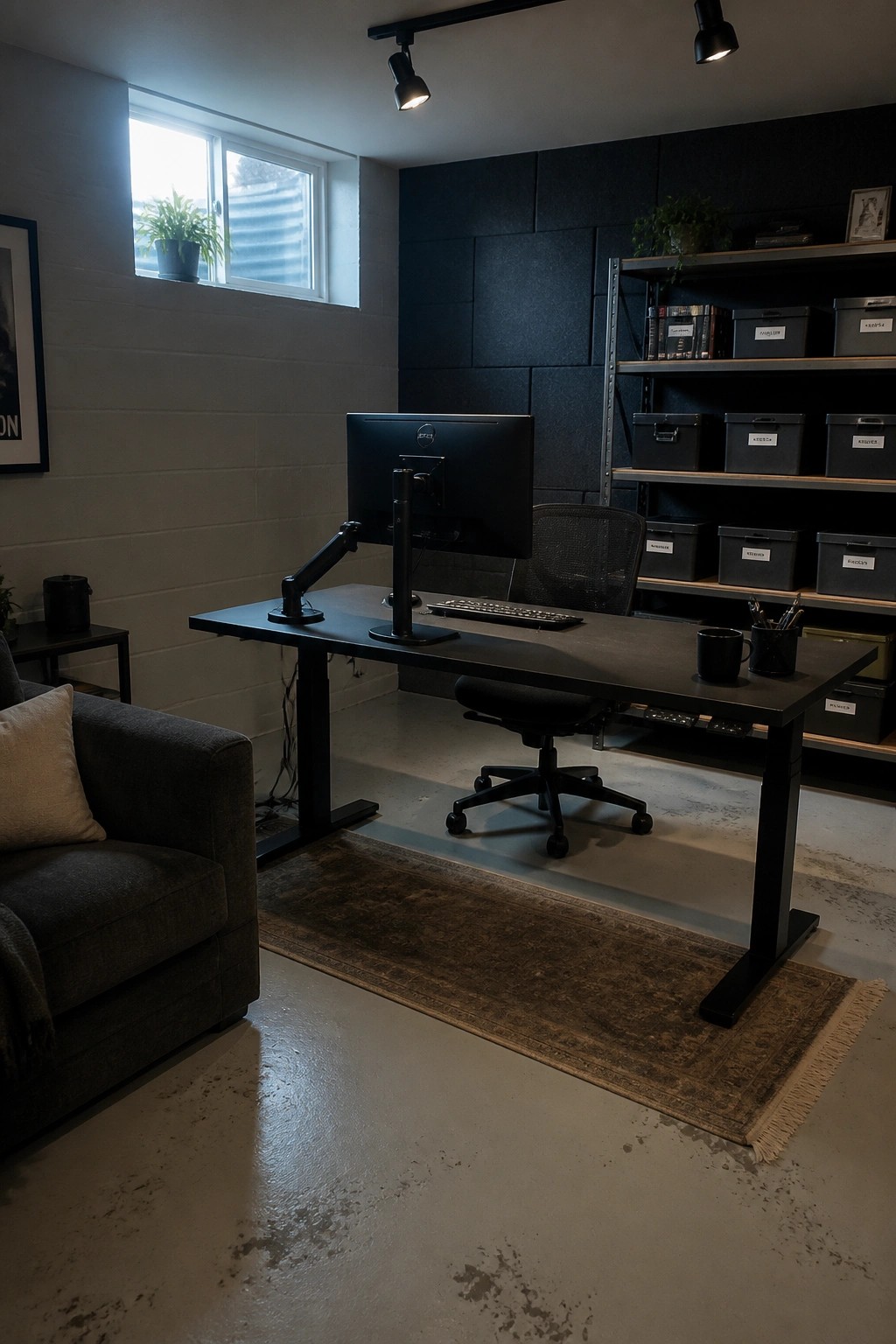 A home office featuring a black adjustable standing desk with a monitor on an arm, a mesh office chair, storage shelves, and a brown area rug on a concrete floor.