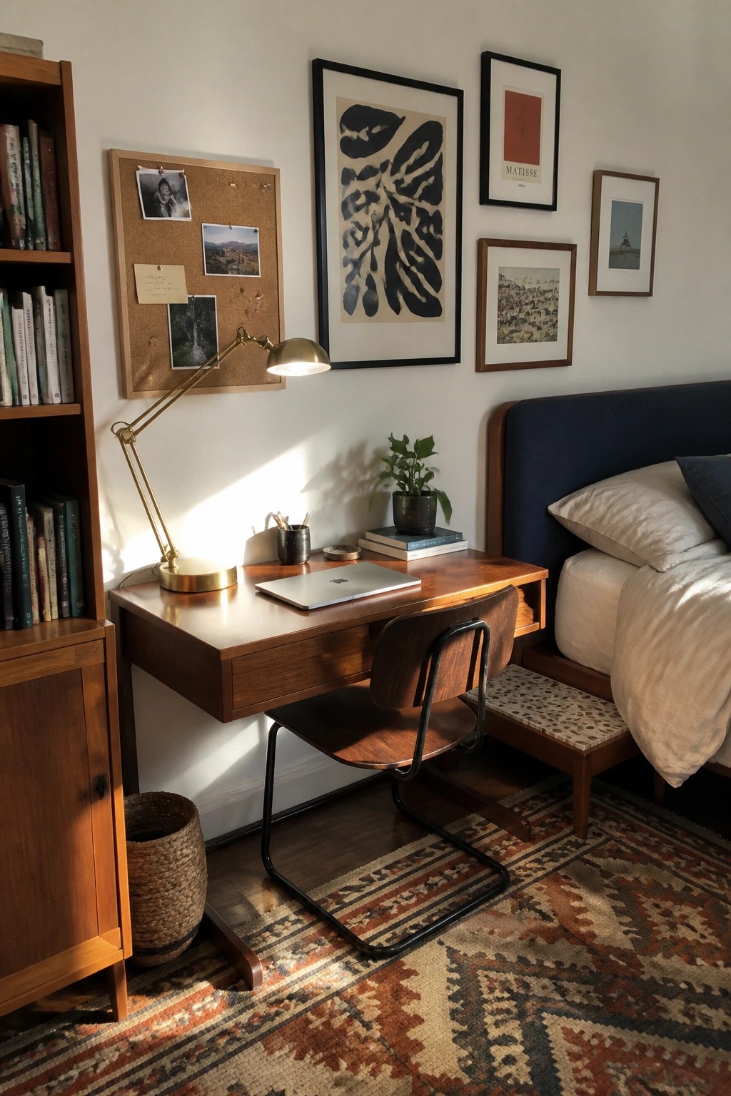 A wooden floating desk with a laptop and brass lamp is positioned against a white wall beside a bed with a blue headboard and a wooden chair in front.