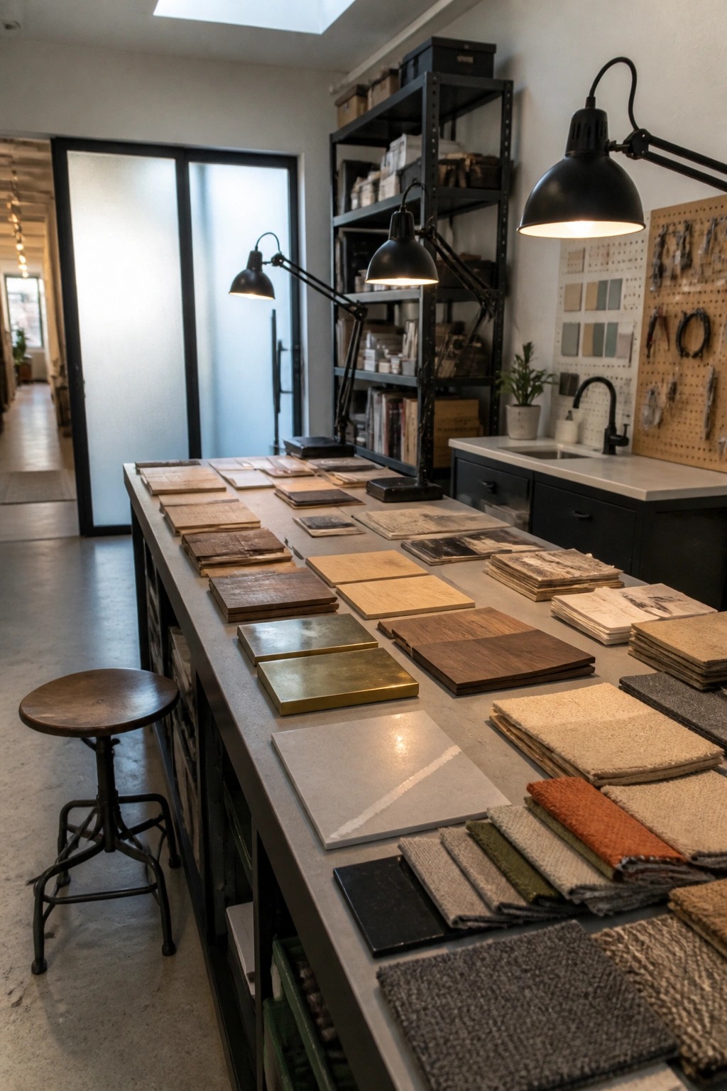 A long work table covered with various wood, fabric, metal, and stone material samples in a design studio with black task lamps and a stool nearby.