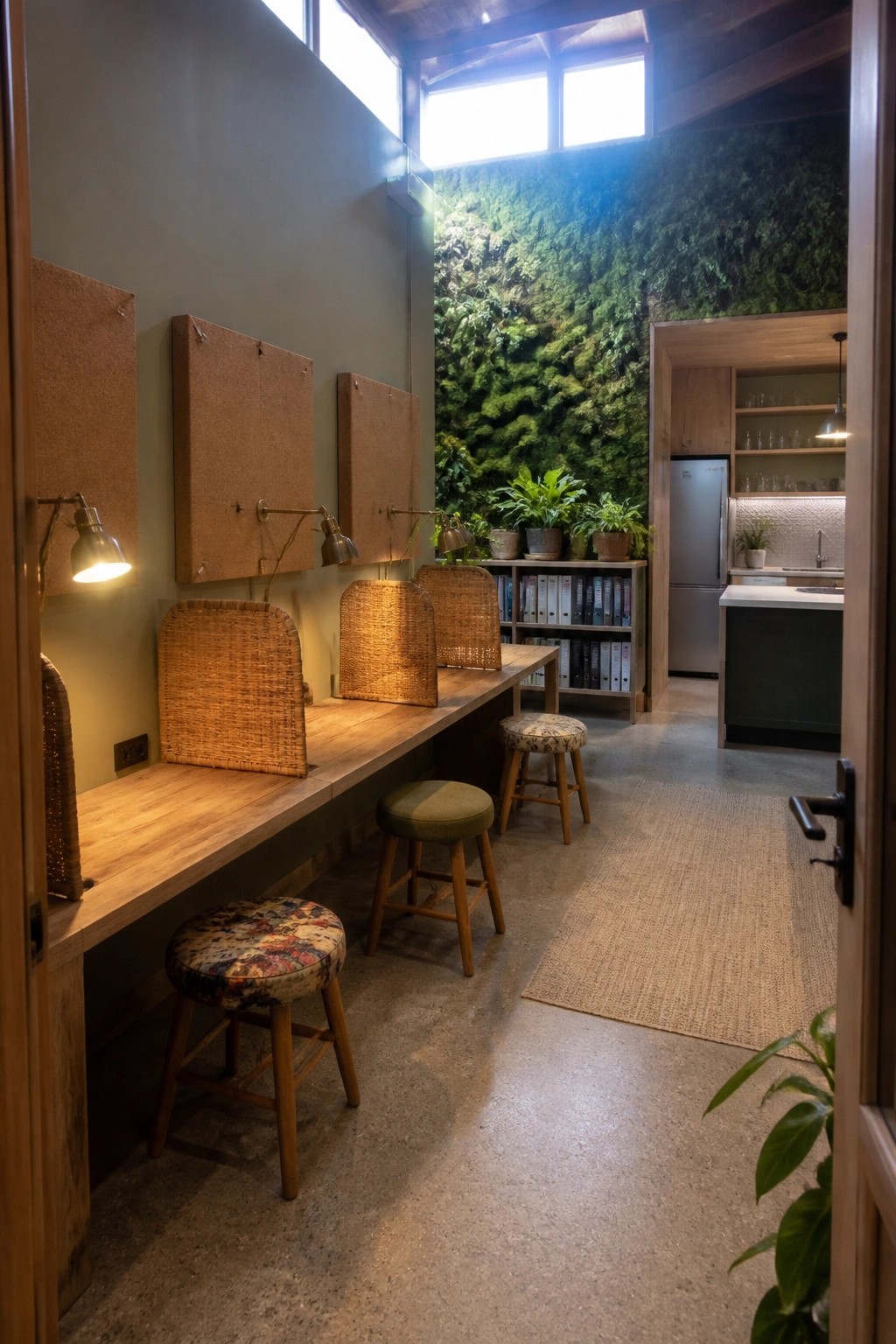 Wooden desk with woven stools beside a lush green living wall and kitchen.