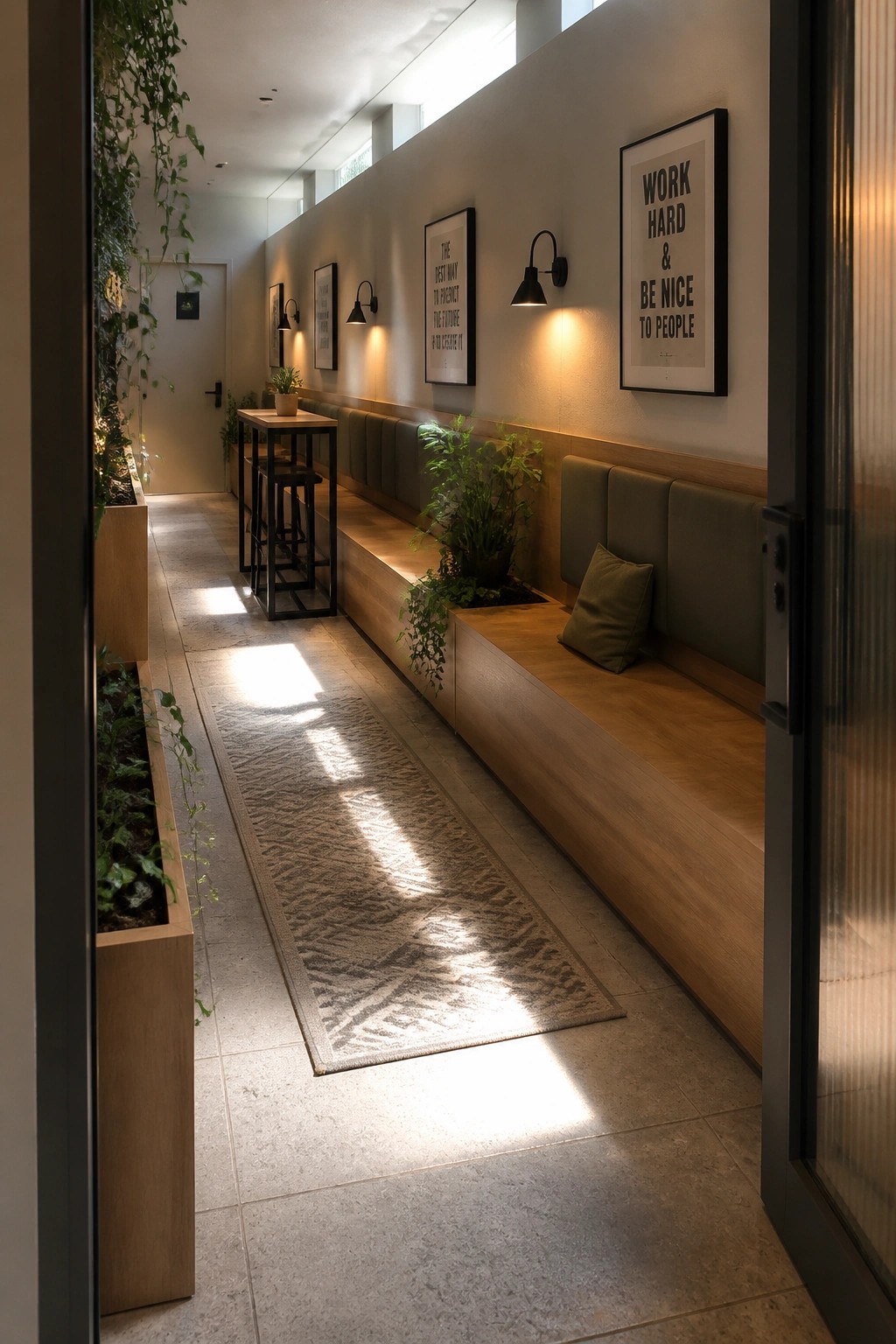 A long modern office hallway with a continuous built-in wooden bench, green upholstered backrests, wall art, black sconces, and several potted plants.