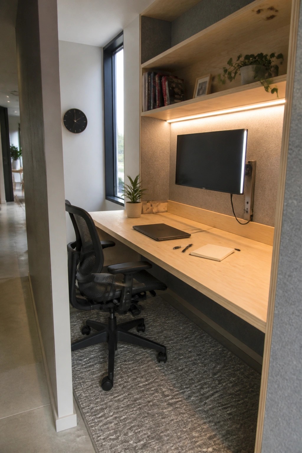 A built-in light wood desk in a home office with a black ergonomic chair, wall-mounted monitor, overhead shelves holding books and plants, and a small potted plant on the desk surface.
