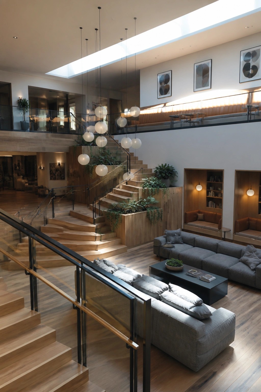 A large modern interior with a central wooden staircase, hanging spherical pendant lights, gray modular sofas, and built-in wooden seating nooks with bookshelves.